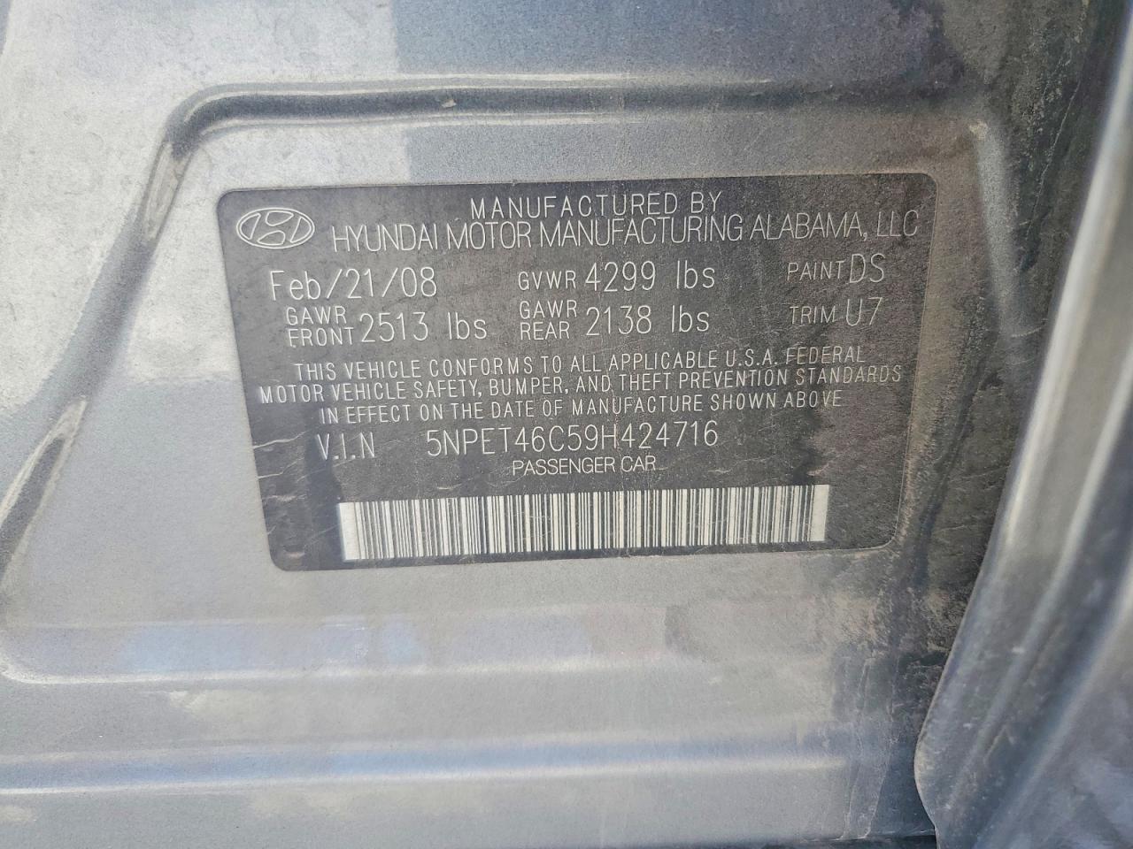 2009 Hyun Sonata Gray vin: 5NPET46C59H424716