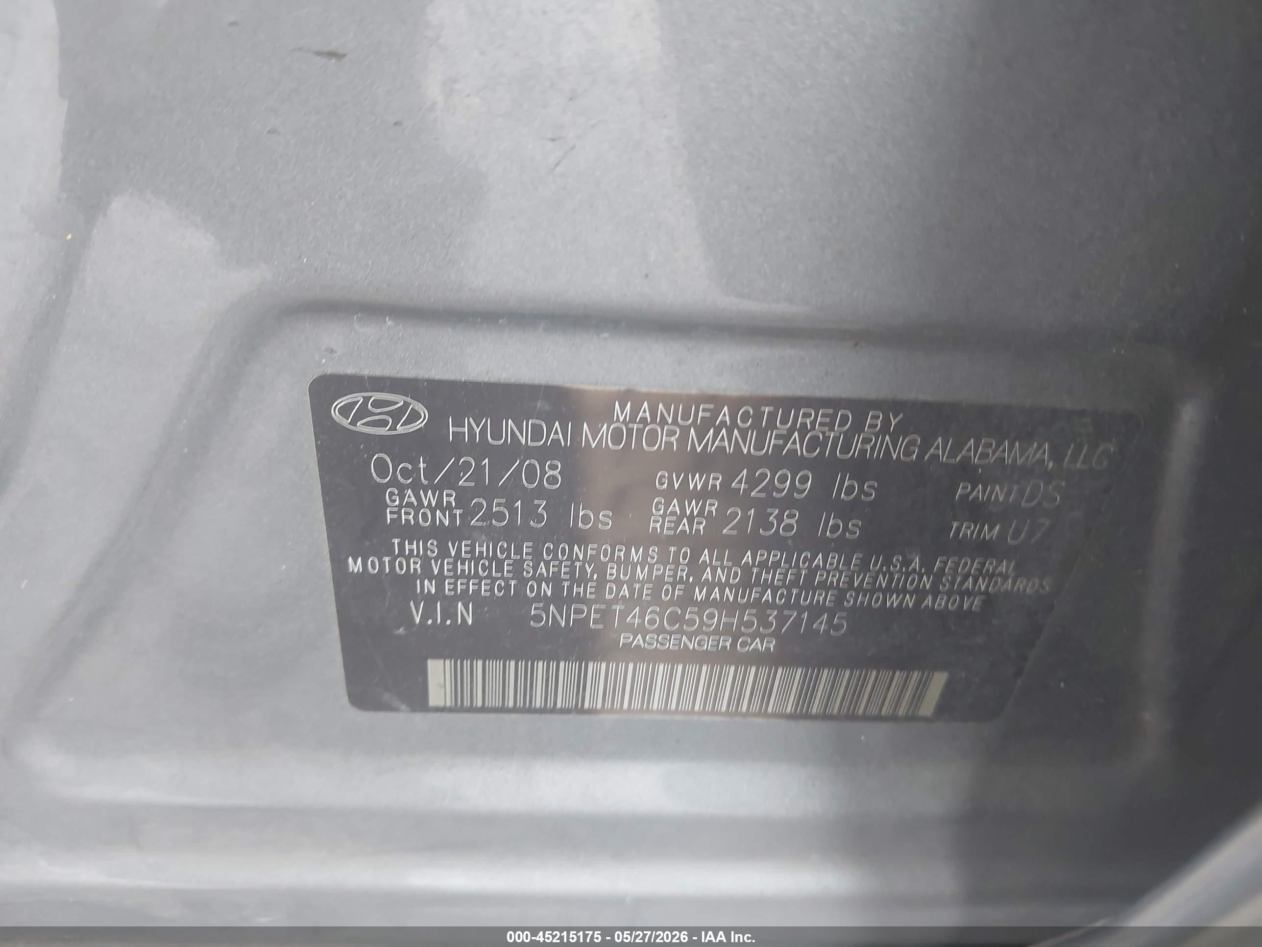 2009 Hyundai Sonata Gls Gray vin: 5NPET46C59H537145