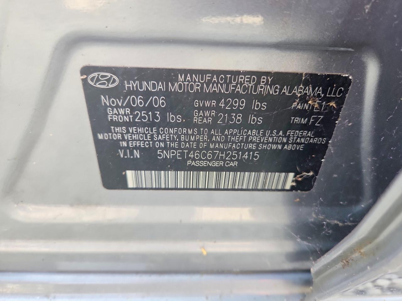 2007 Hyundai Sonata Gls Серый vin: 5NPET46C67H251415