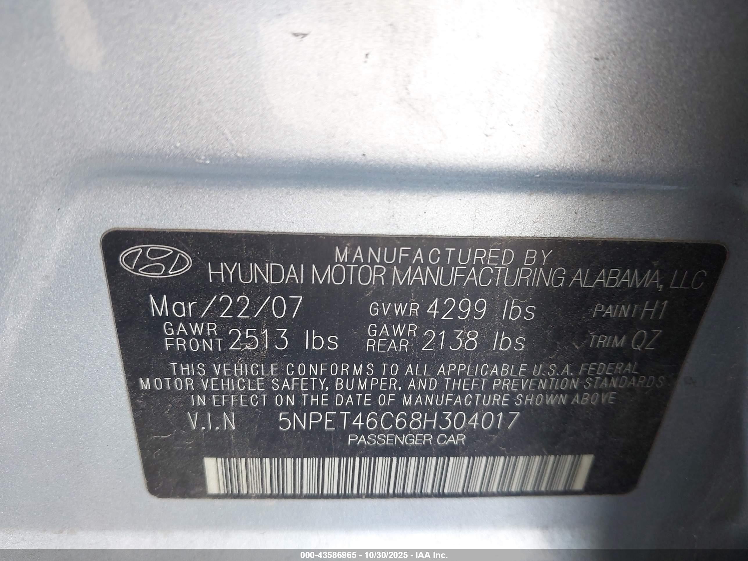 2008 Hyundai Sonata Gls Light Blue vin: 5NPET46C68H304017