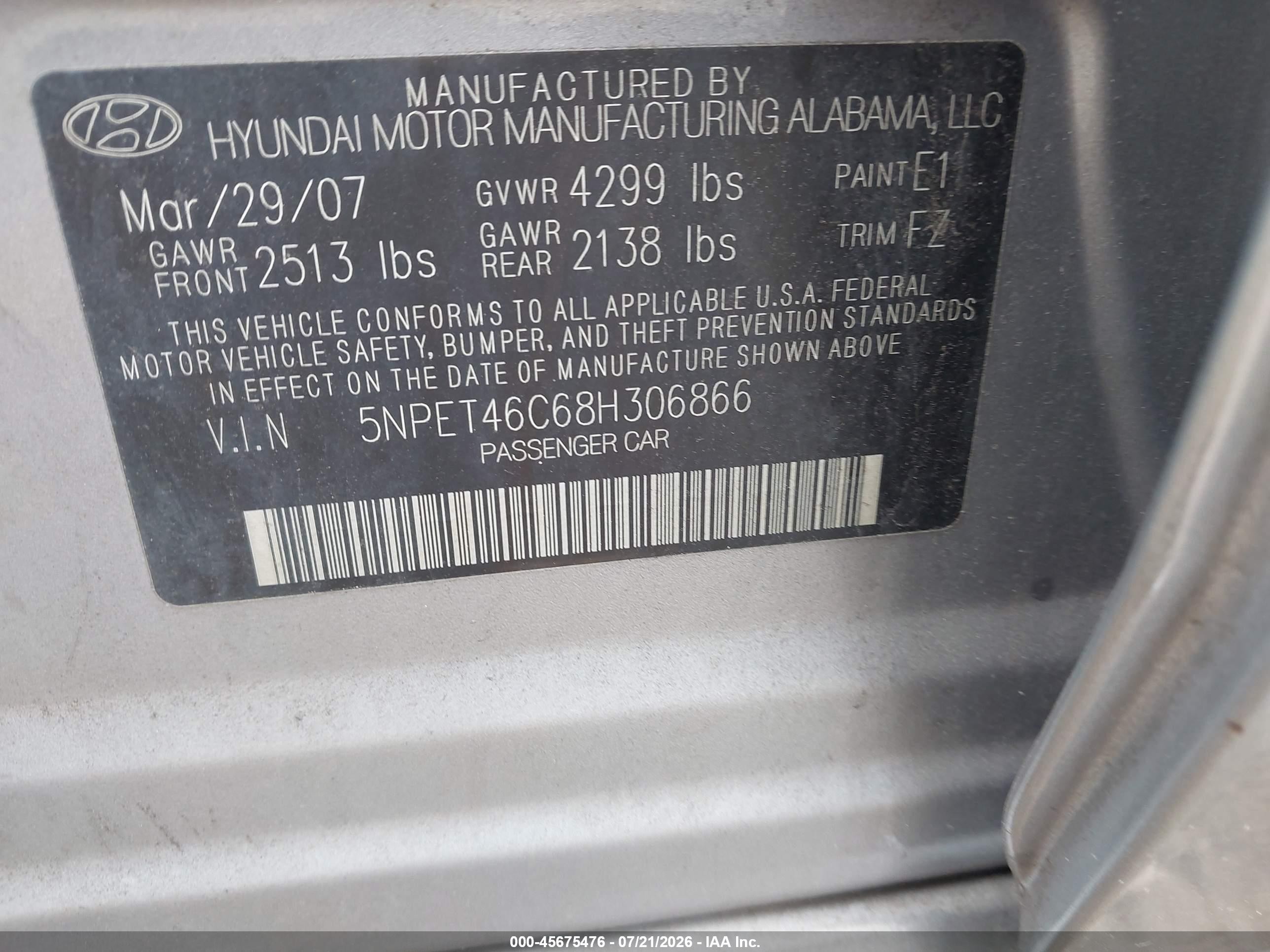 2008 Hyundai Sonata Gls Gray vin: 5NPET46C68H306866