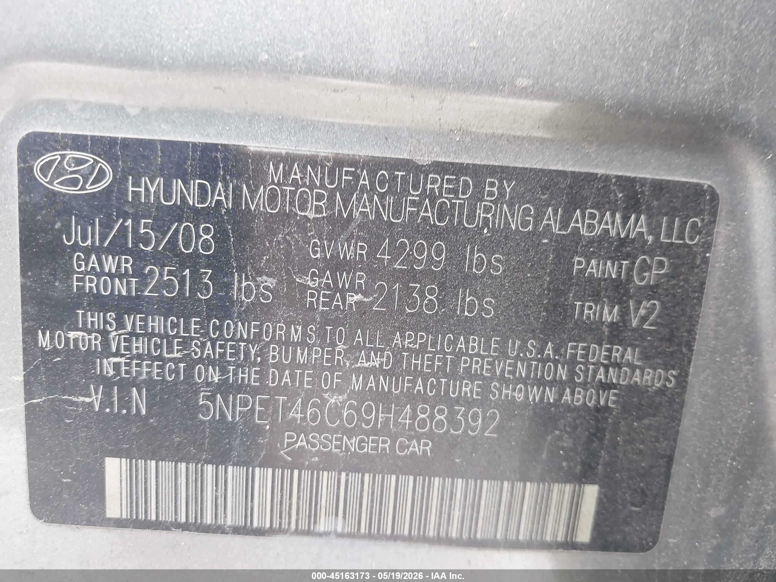 2009 Hyundai Sonata Gls Серый vin: 5NPET46C69H488392