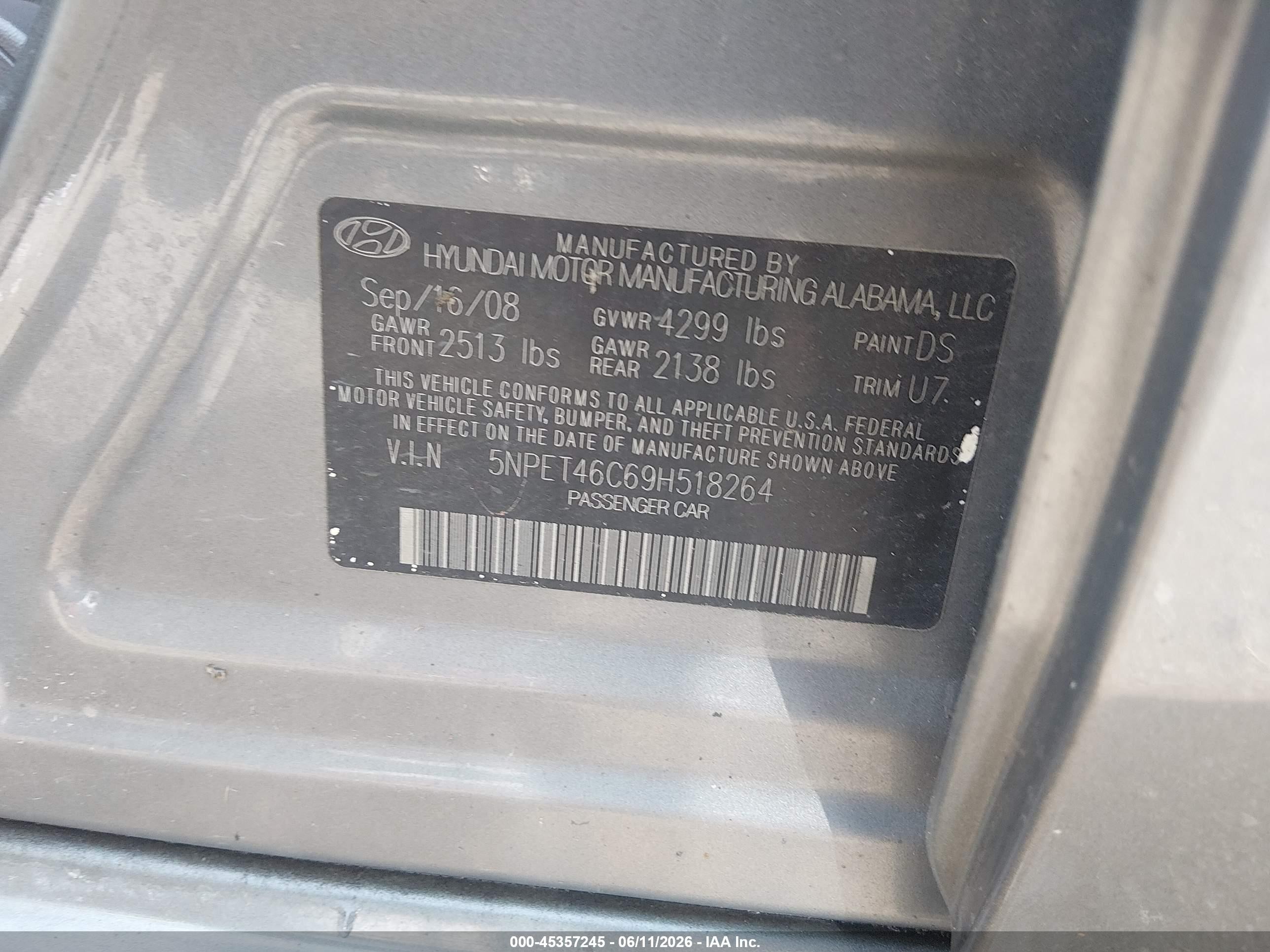 2009 Hyundai Sonata Gls Gray vin: 5NPET46C69H518264
