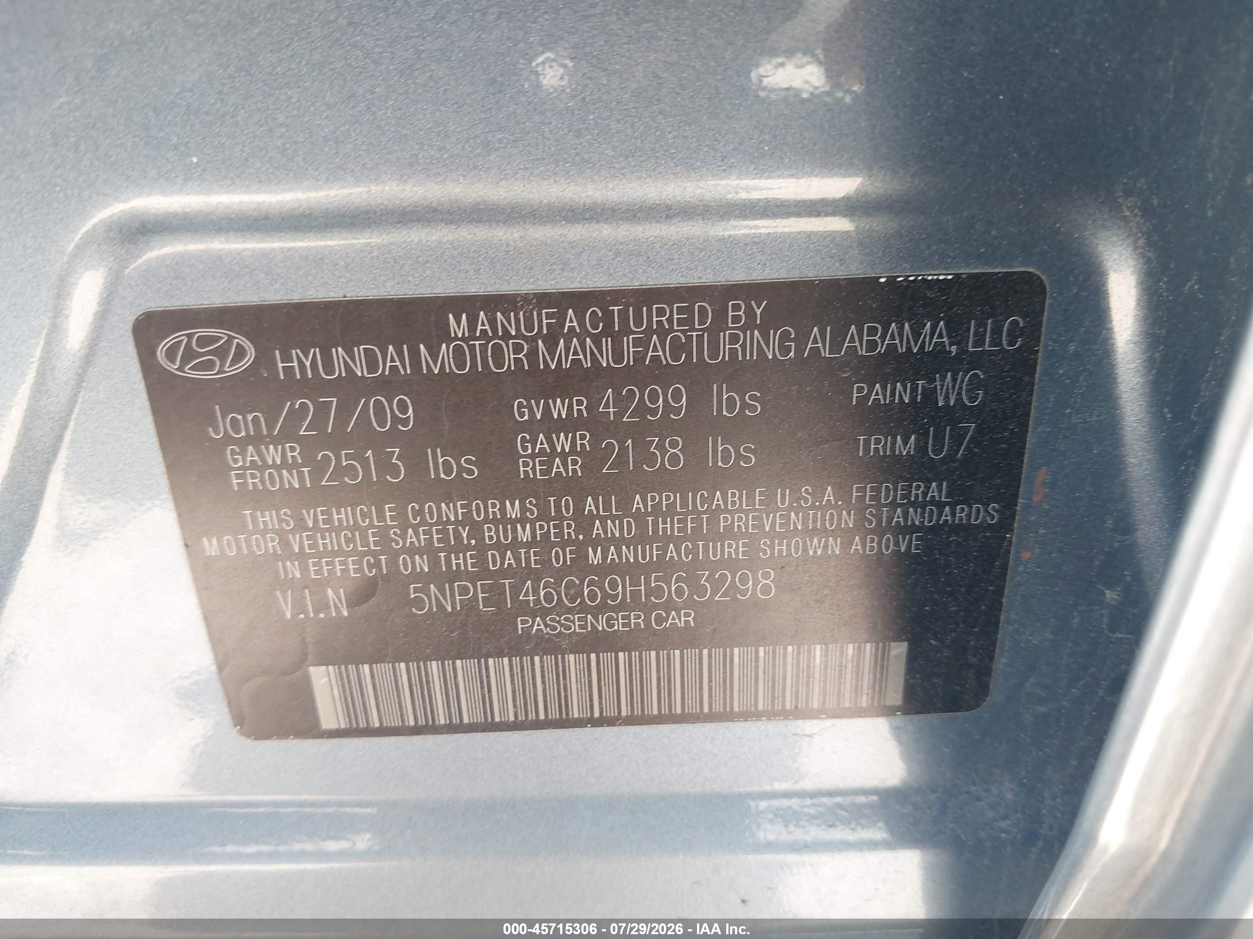 2009 Hyundai Sonata Gls Blue vin: 5NPET46C69H563298