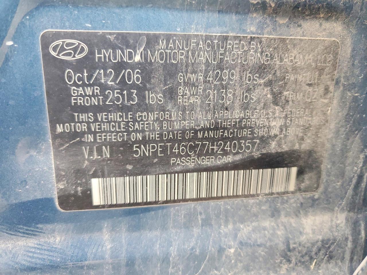 2007 Hyundai Sonata Gls Blue vin: 5NPET46C77H240357