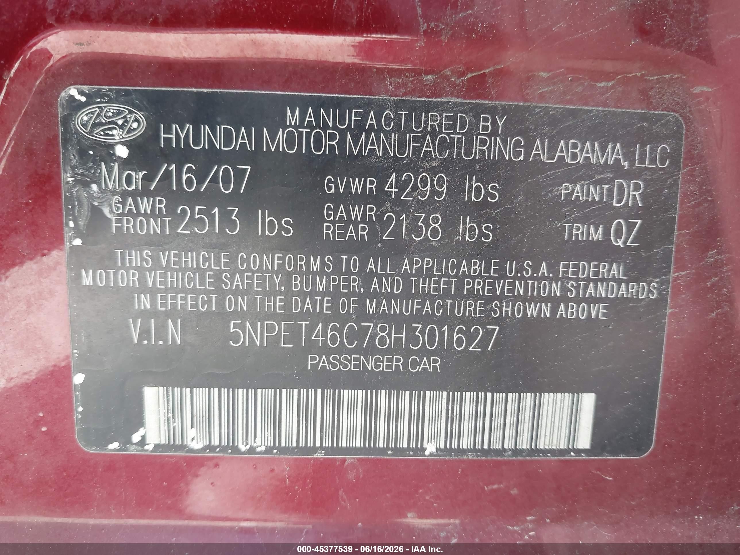 2008 Hyundai Sonata Gls Burgundy vin: 5NPET46C78H301627