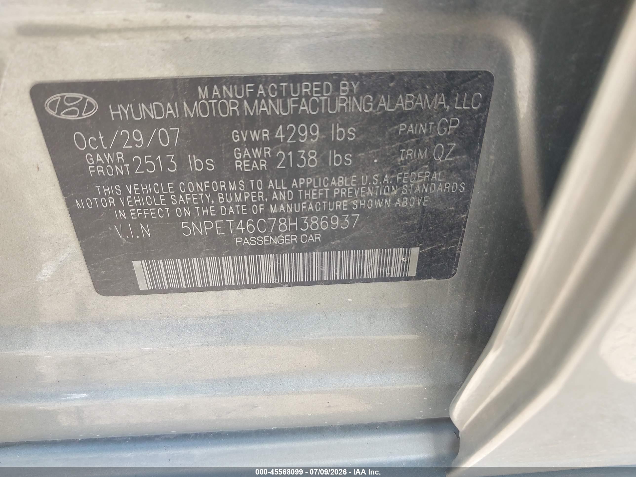 2008 Hyundai Sonata Gls Green vin: 5NPET46C78H386937