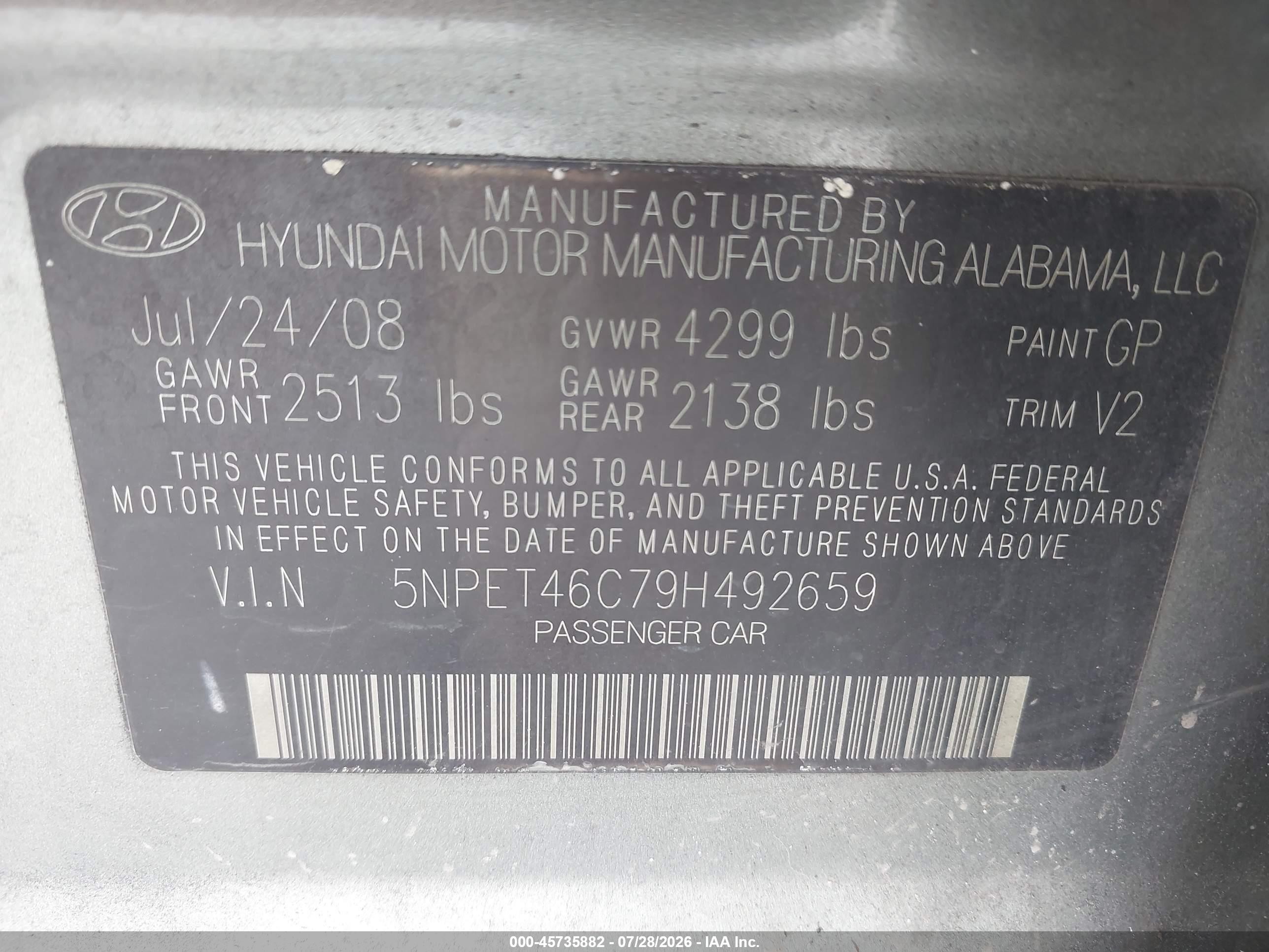 2009 Hyundai Sonata Gls Gray vin: 5NPET46C79H492659