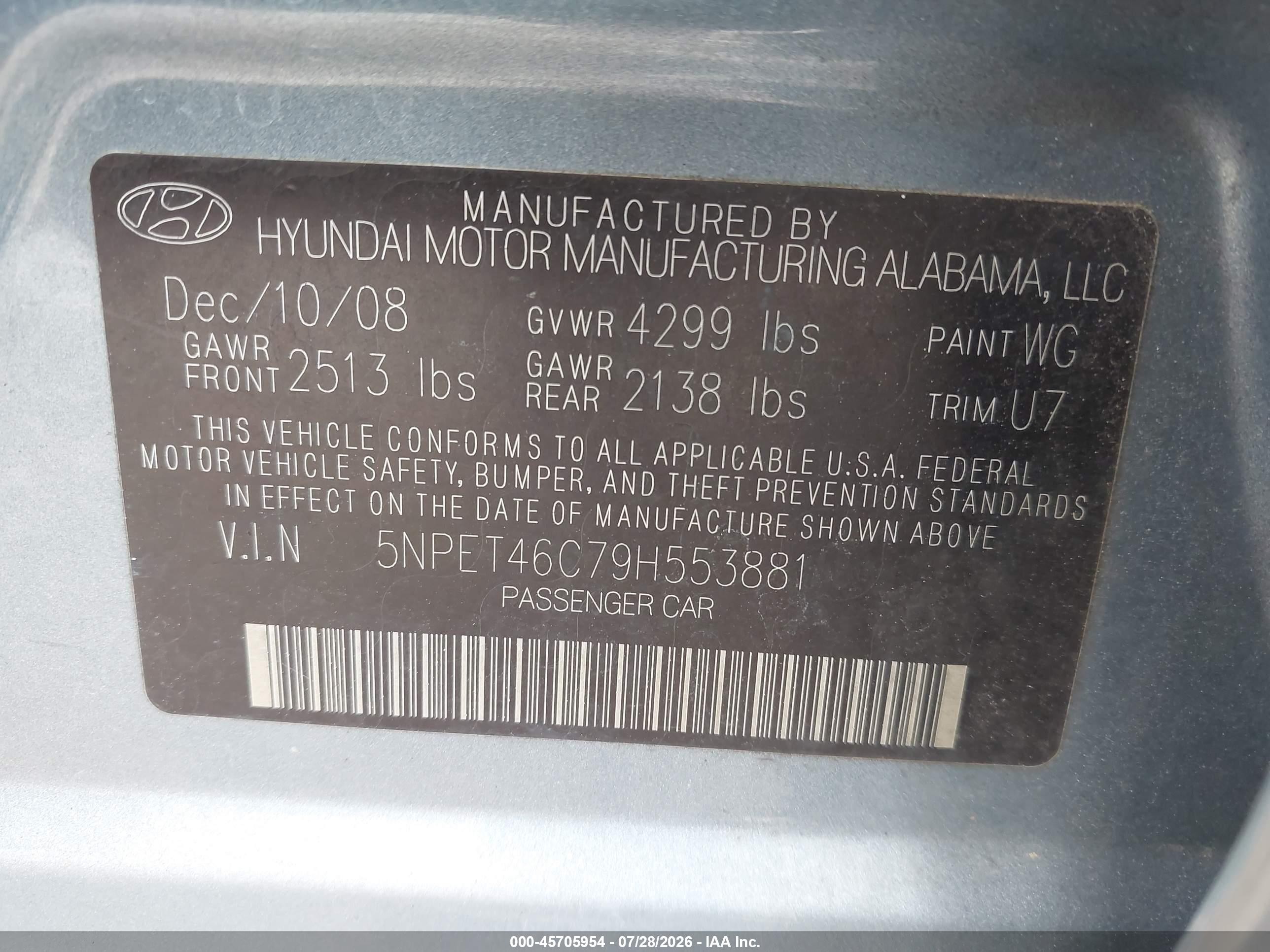 2009 Hyundai Sonata Gls Blue vin: 5NPET46C79H553881
