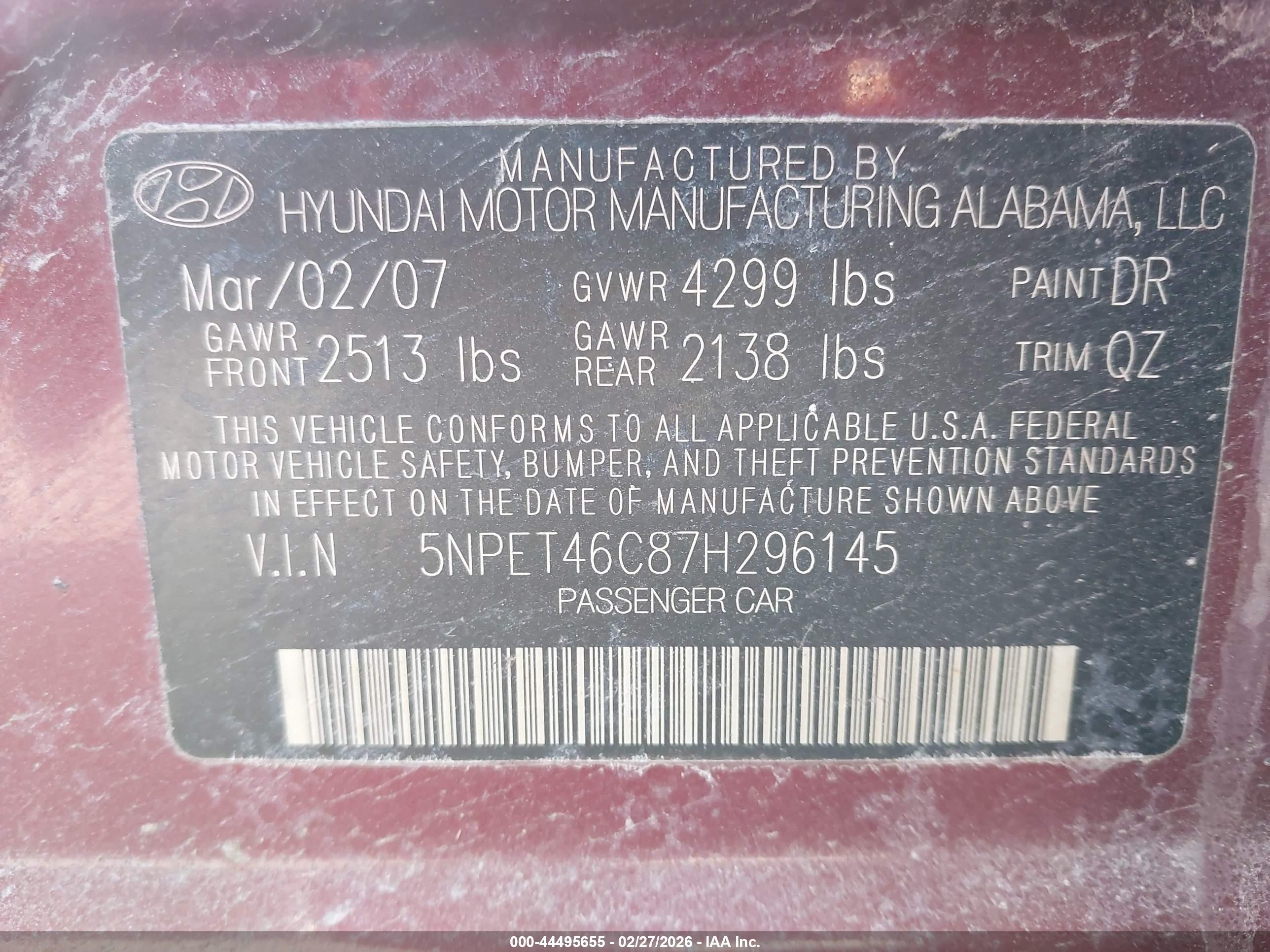 2007 Hyundai Sonata Gls Red vin: 5NPET46C87H296145