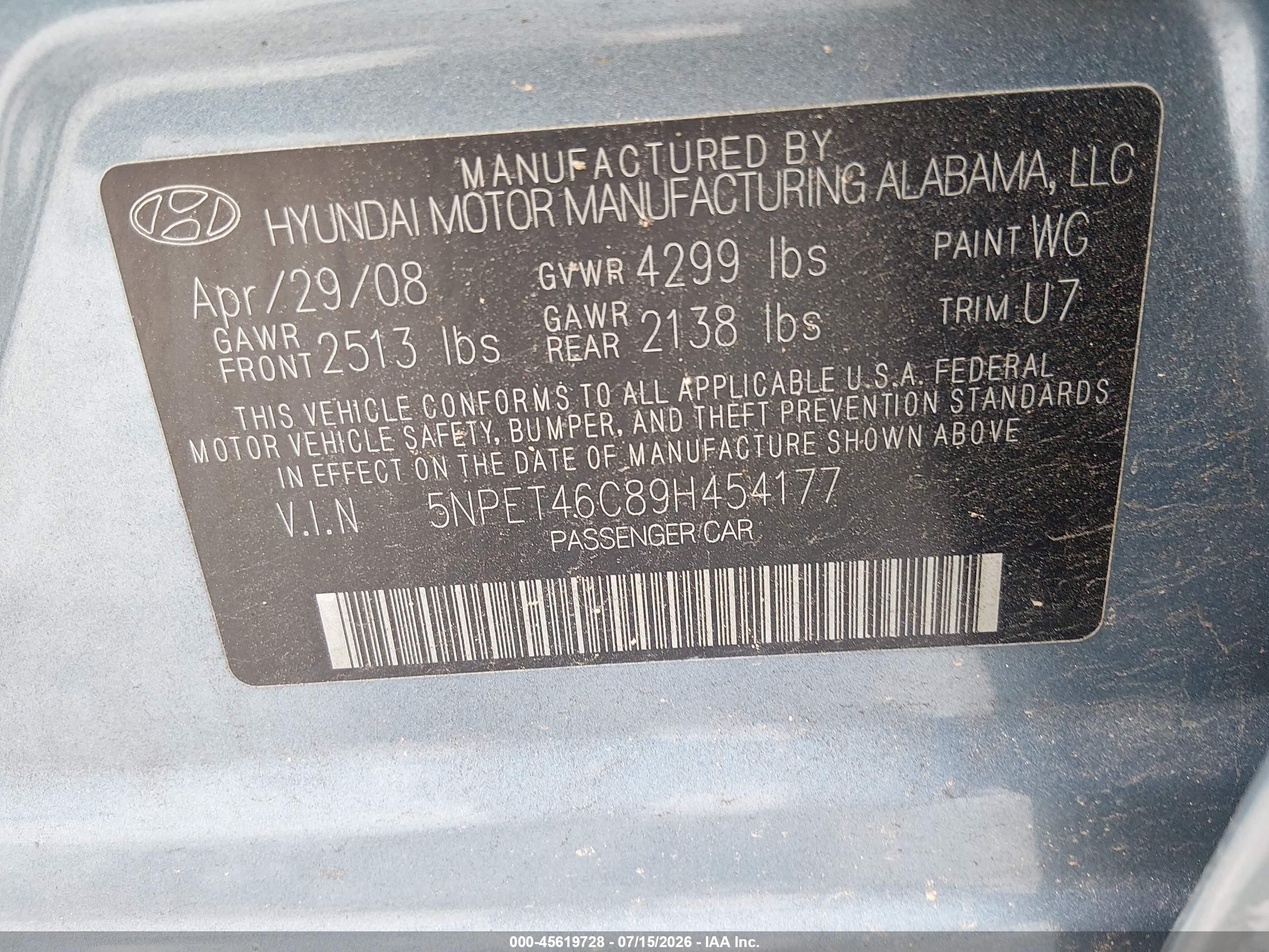 2009 Hyundai Sonata Gls Blue vin: 5NPET46C89H454177