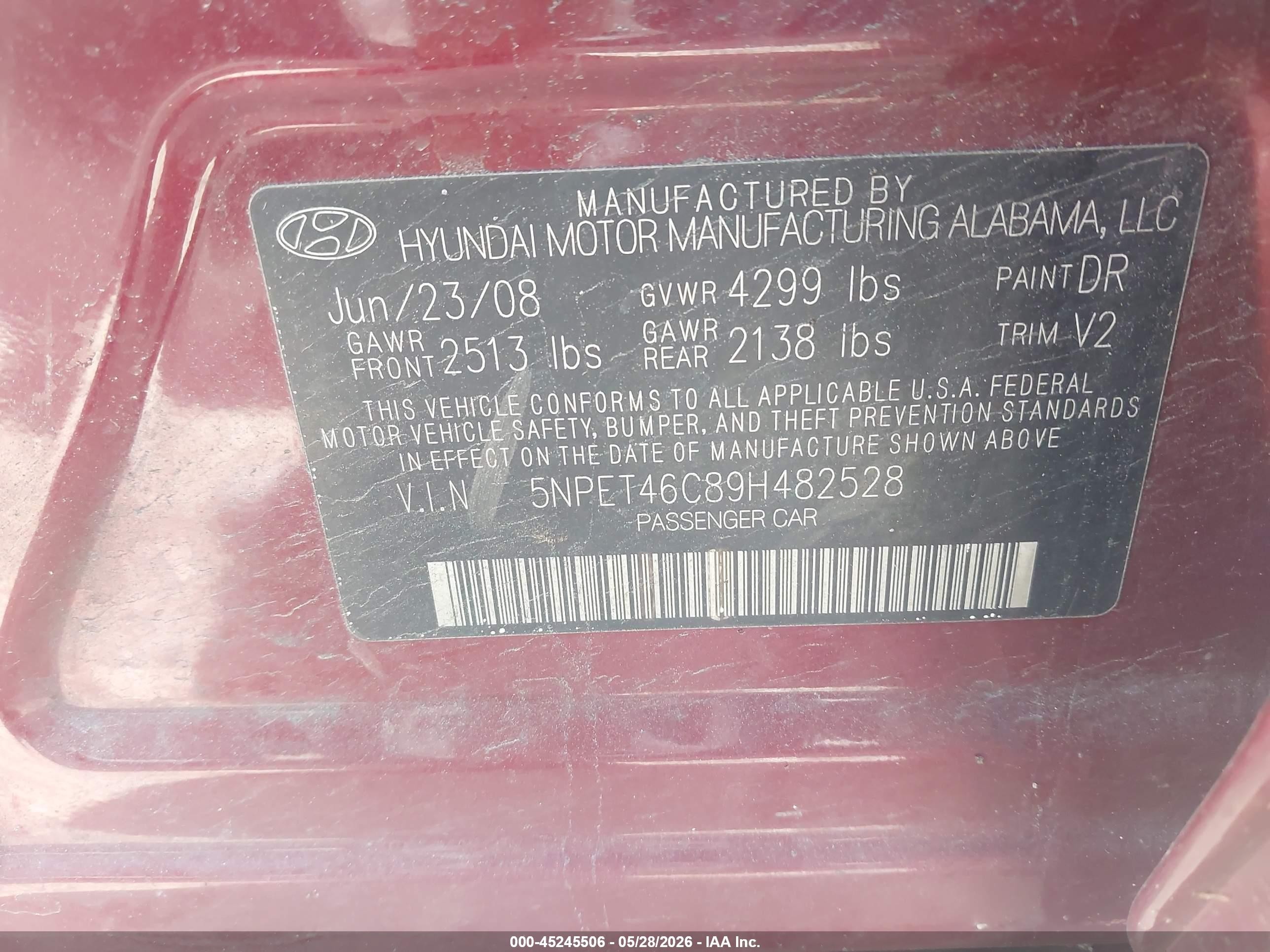 2009 Hyundai Sonata Gls Бордовый vin: 5NPET46C89H482528