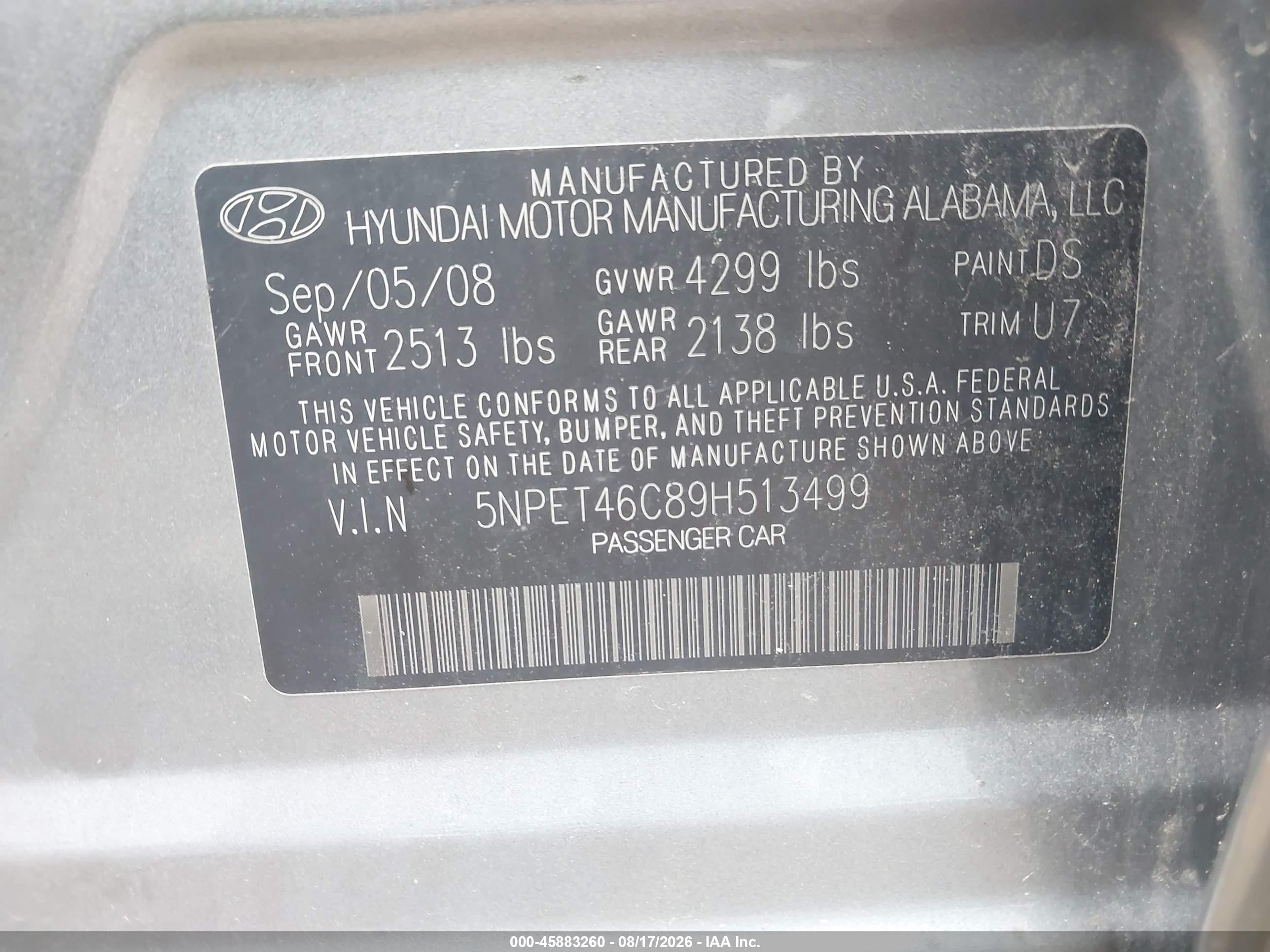 2009 Hyundai Sonata Gls Gray vin: 5NPET46C89H513499