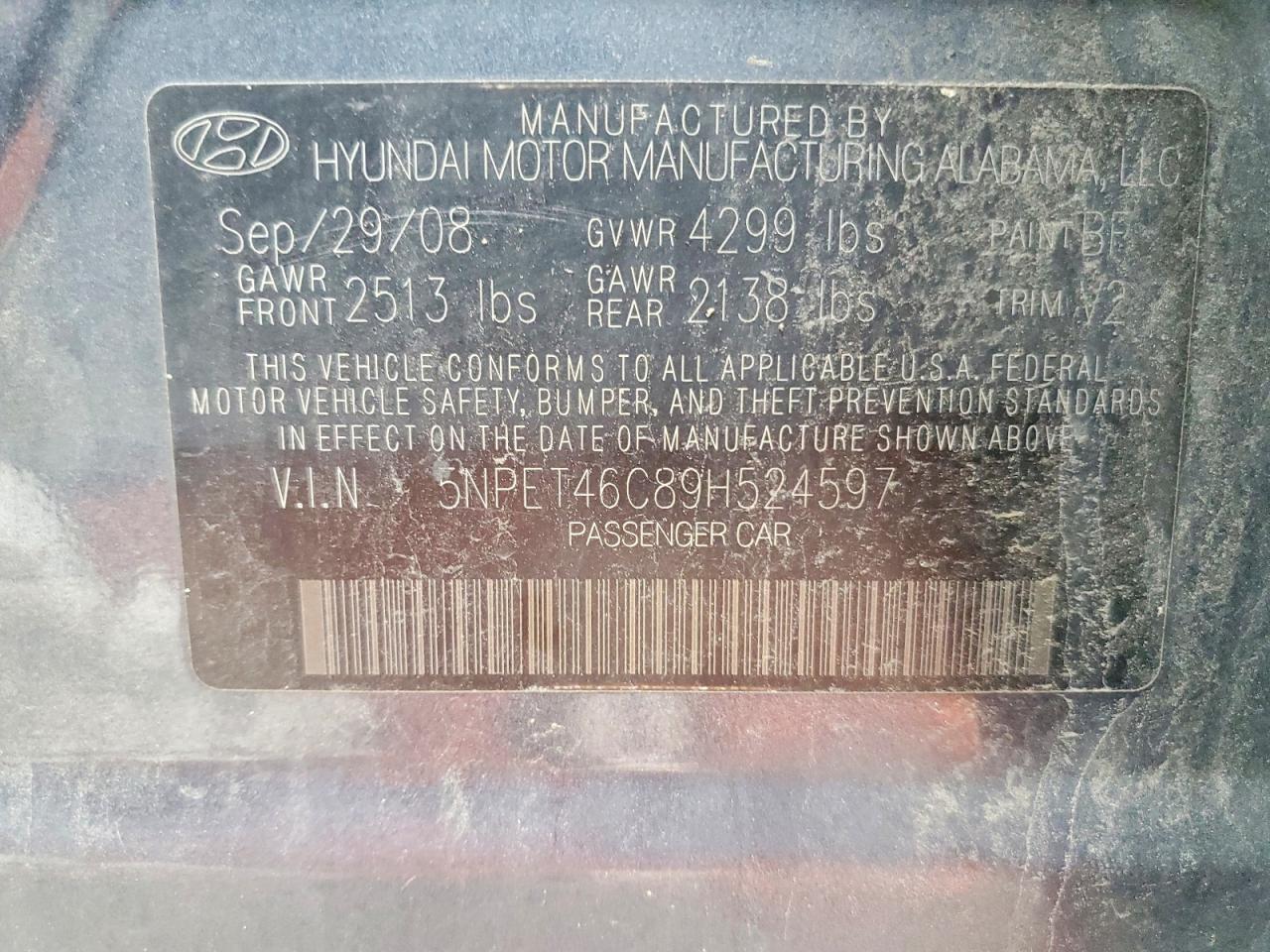 2009 Hyundai Sonata Gls Gray vin: 5NPET46C89H524597