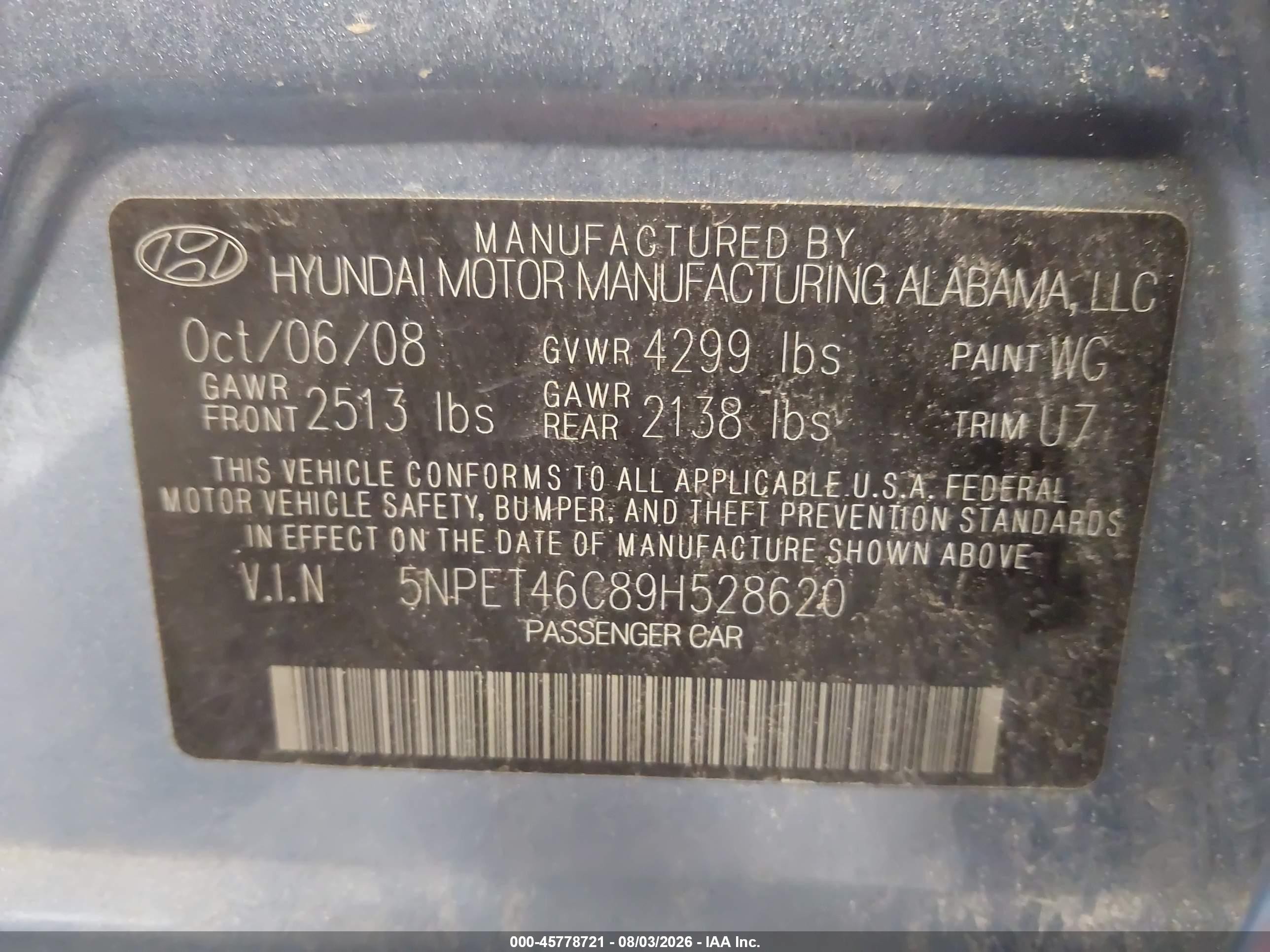 2009 Hyundai Sonata Gls Blue vin: 5NPET46C89H528620