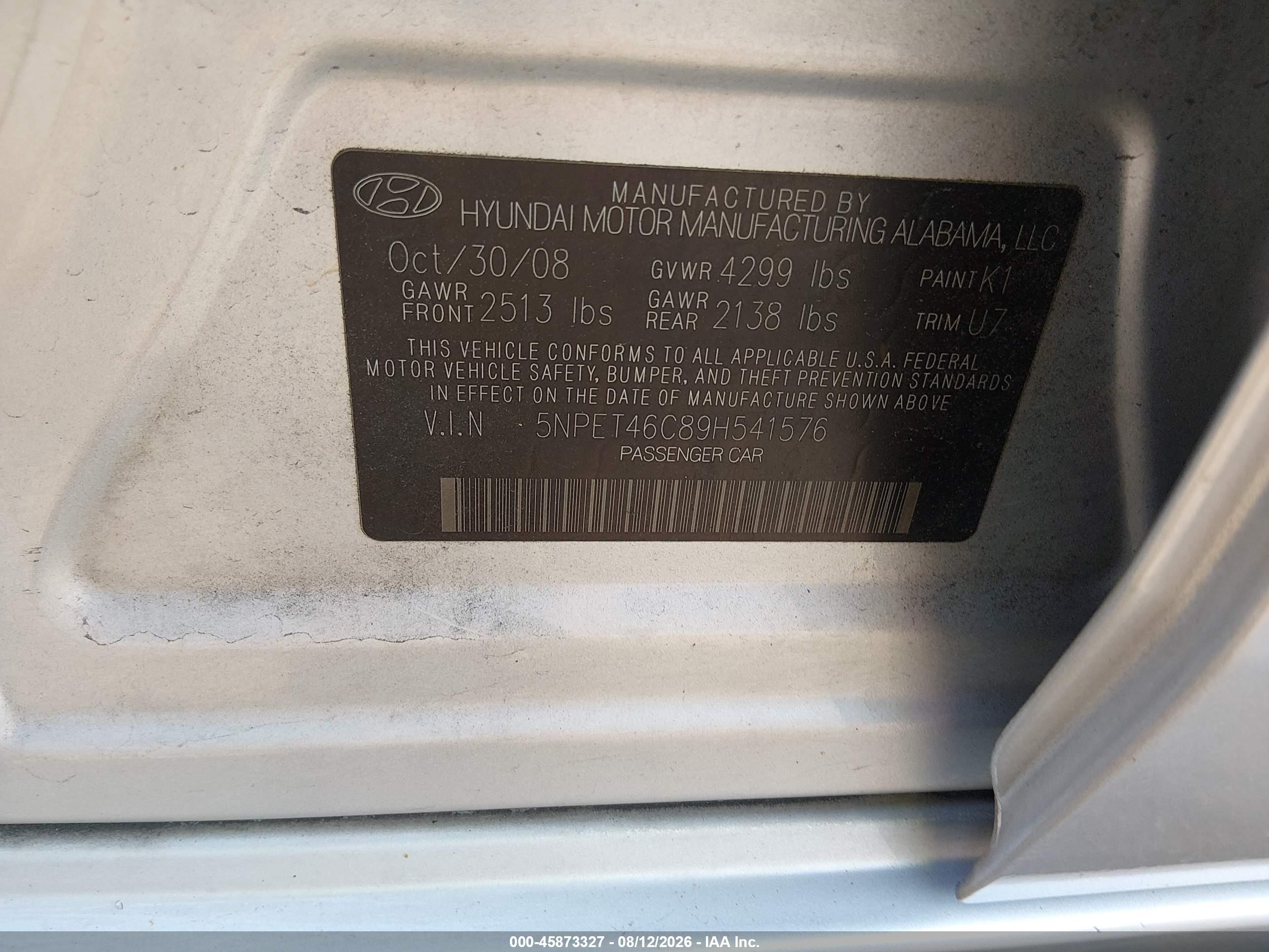 2009 Hyundai Sonata Gls White vin: 5NPET46C89H541576