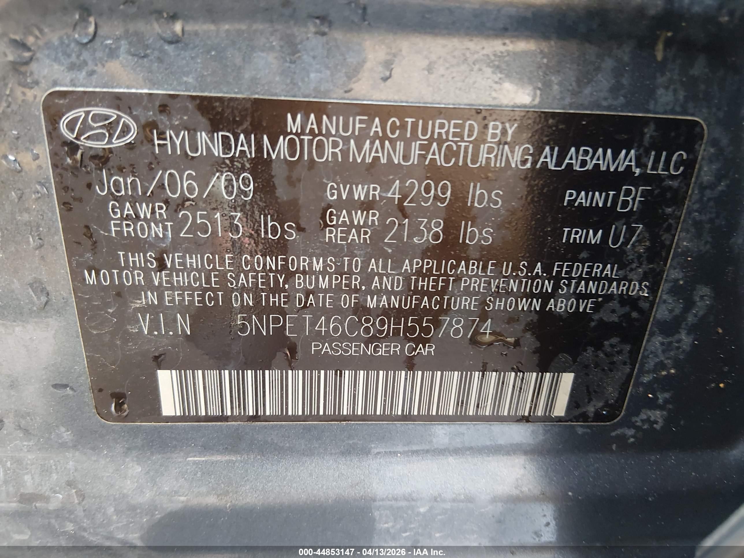 2009 Hyundai Sonata Gls Blue vin: 5NPET46C89H557874