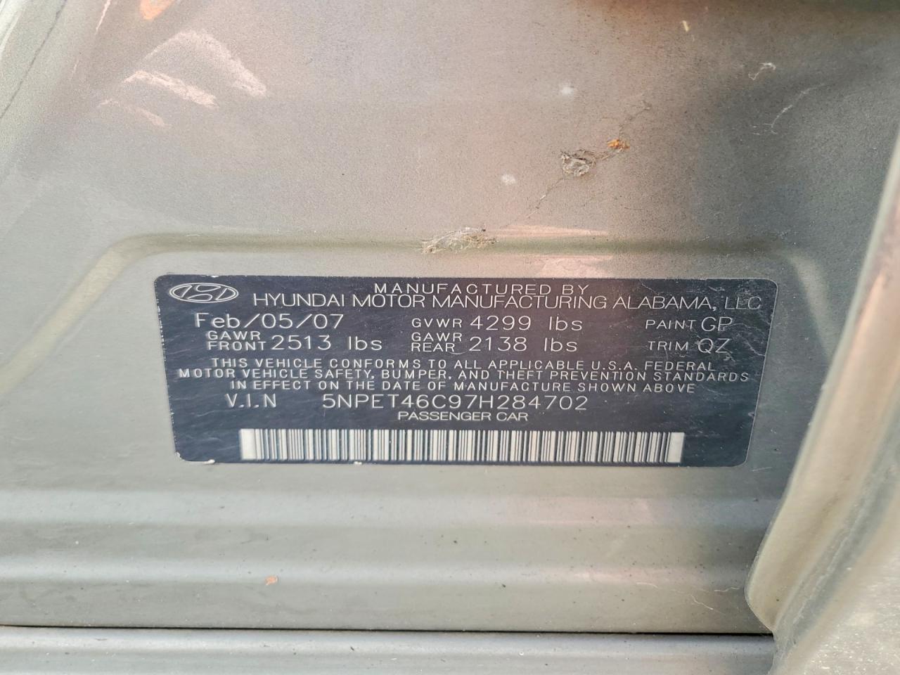 2007 Hyundai Sonata Gls Серый vin: 5NPET46C97H284702