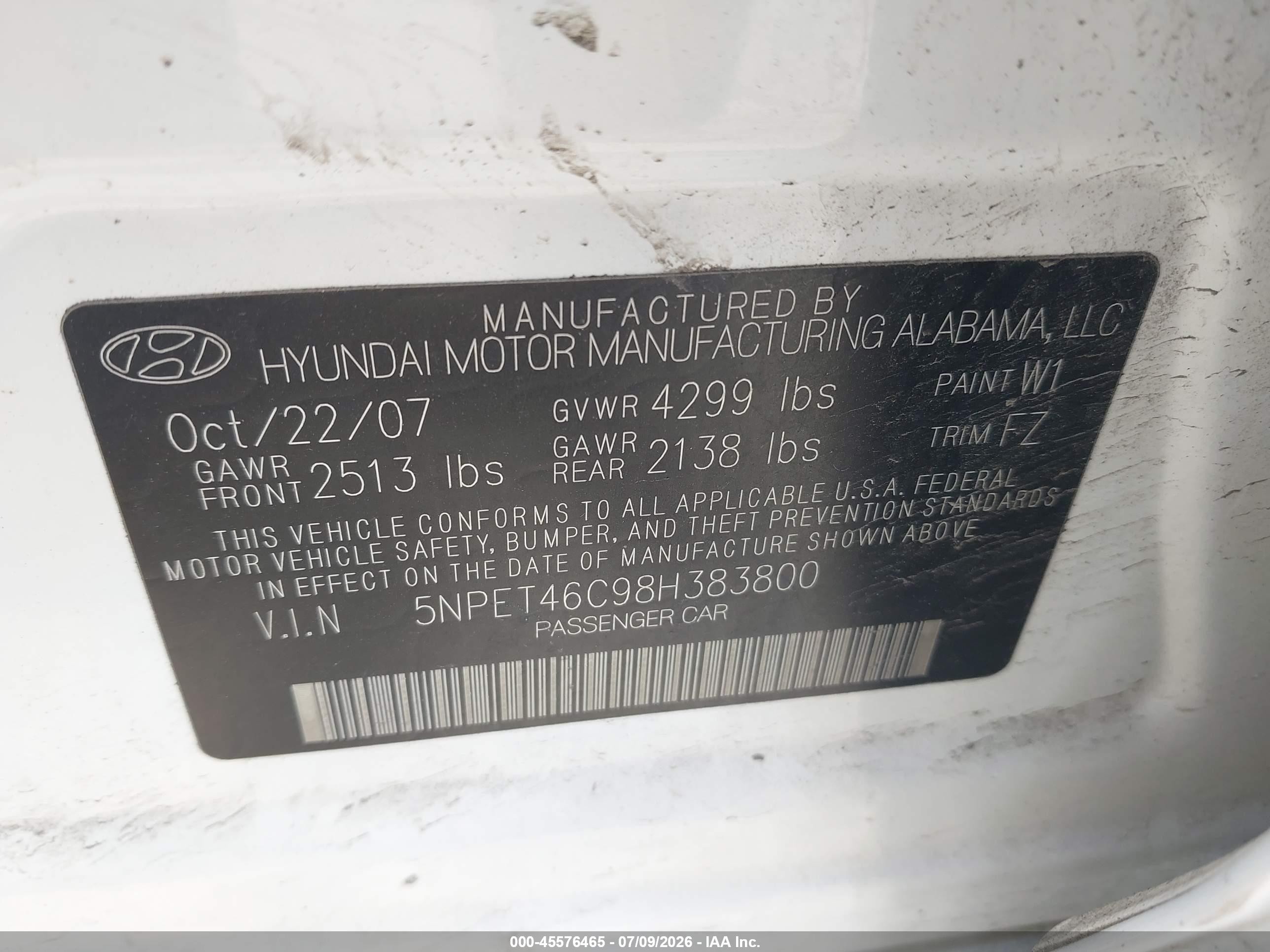 2008 Hyundai Sonata Gls White vin: 5NPET46C98H383800