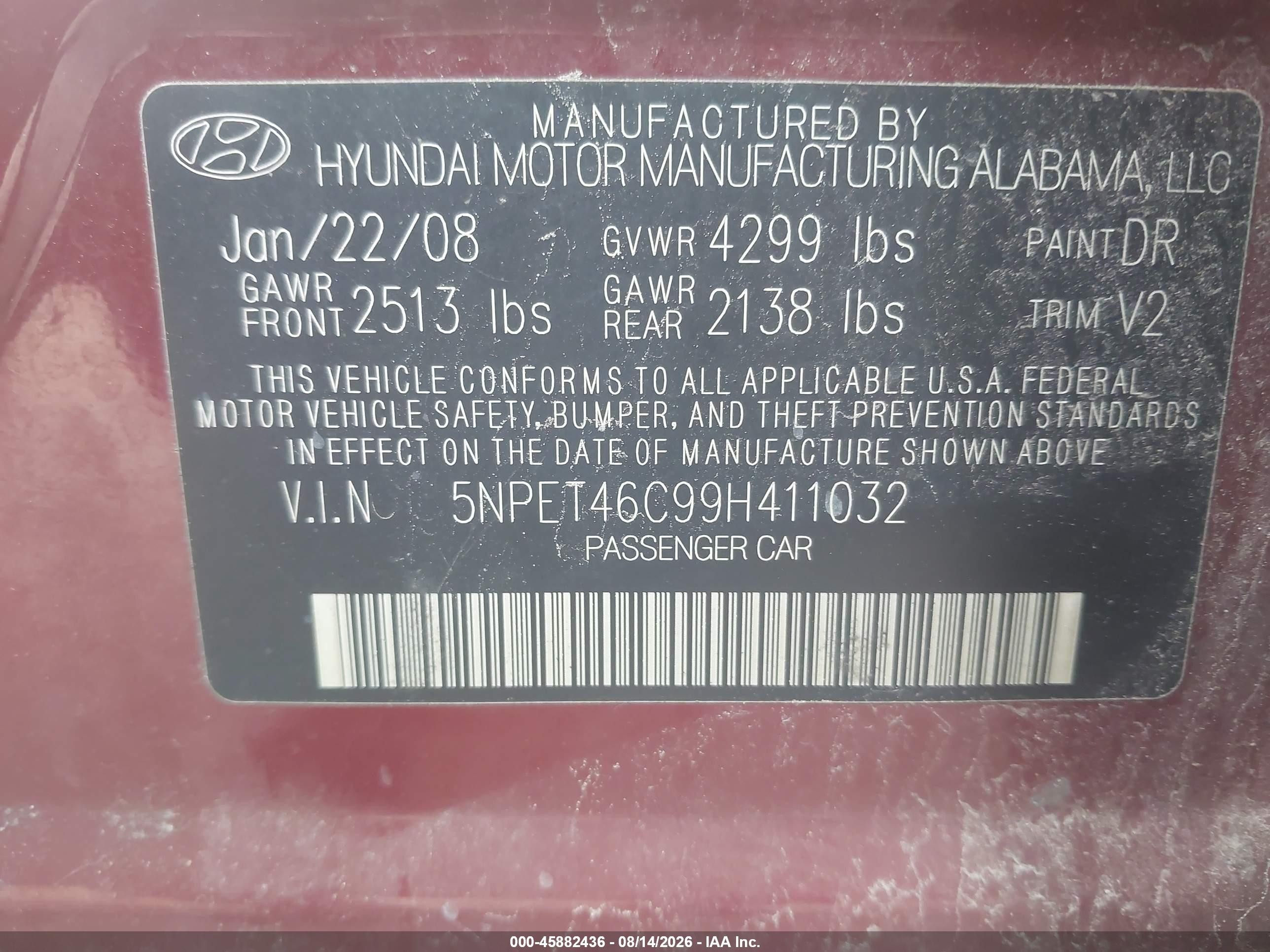 2009 Hyundai Sonata Gls Red vin: 5NPET46C99H411032