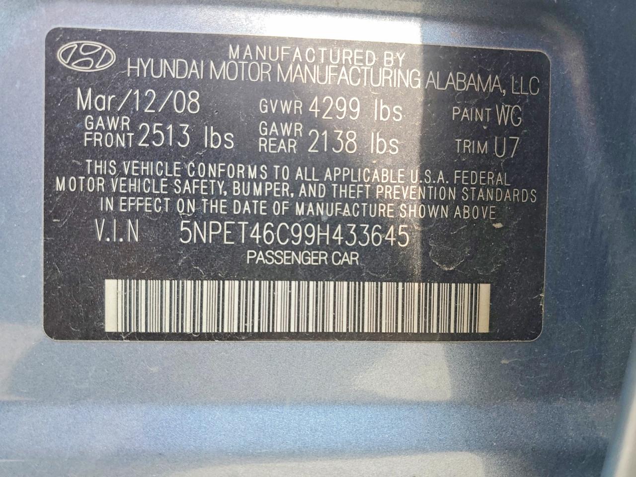 2009 Hyundai Sonata Gls Blue vin: 5NPET46C99H433645