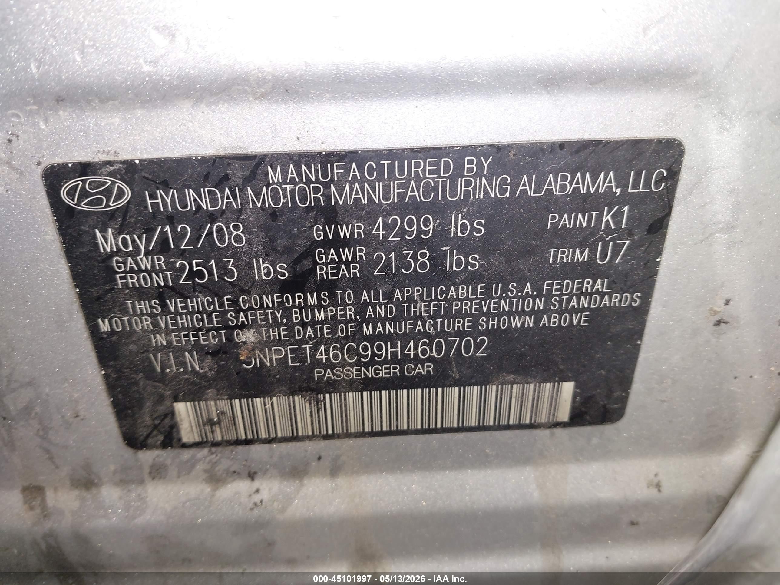 2009 Hyundai Sonata Gls Silver vin: 5NPET46C99H460702