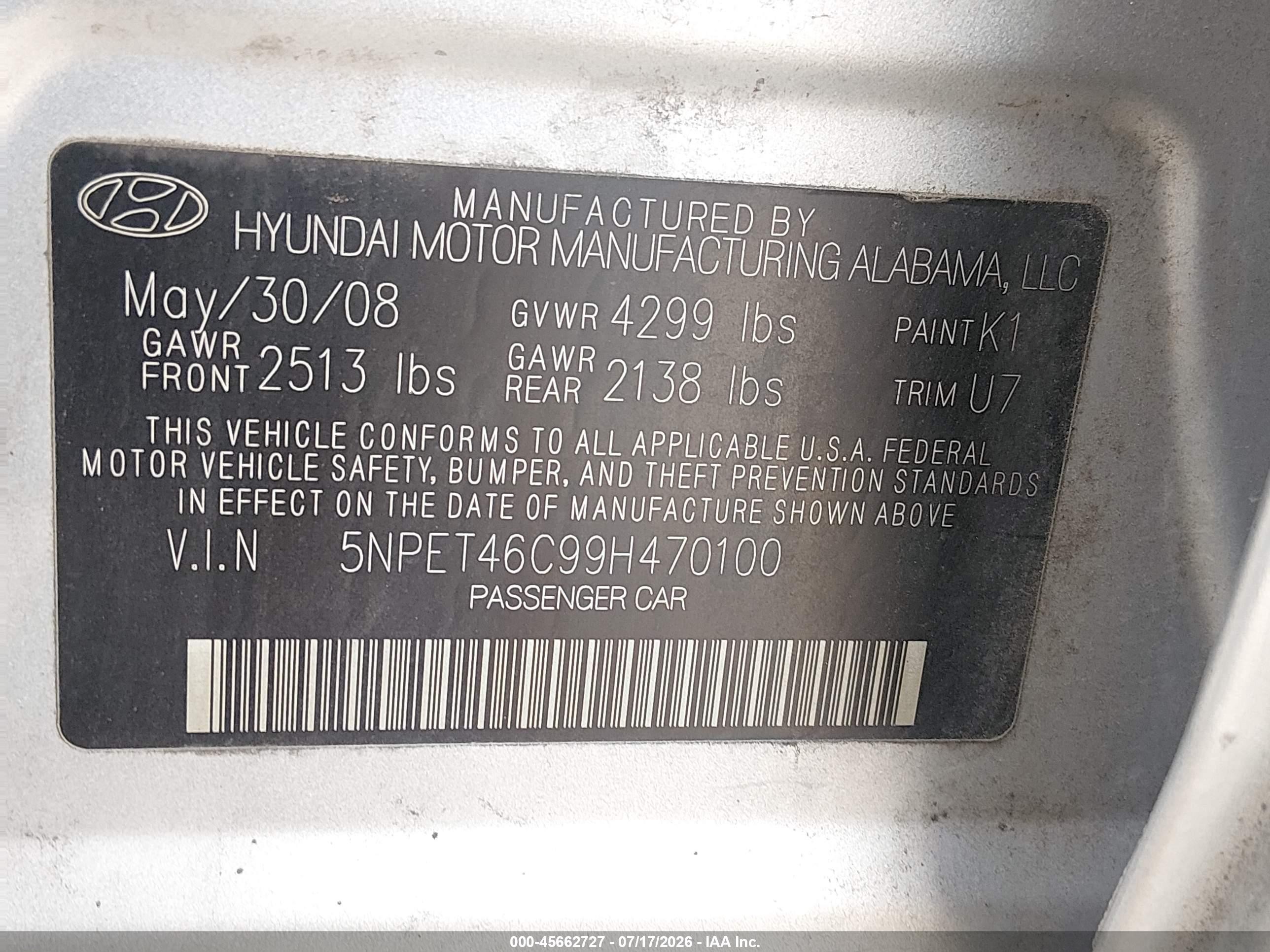 2009 Hyundai Sonata Gls Gray vin: 5NPET46C99H470100