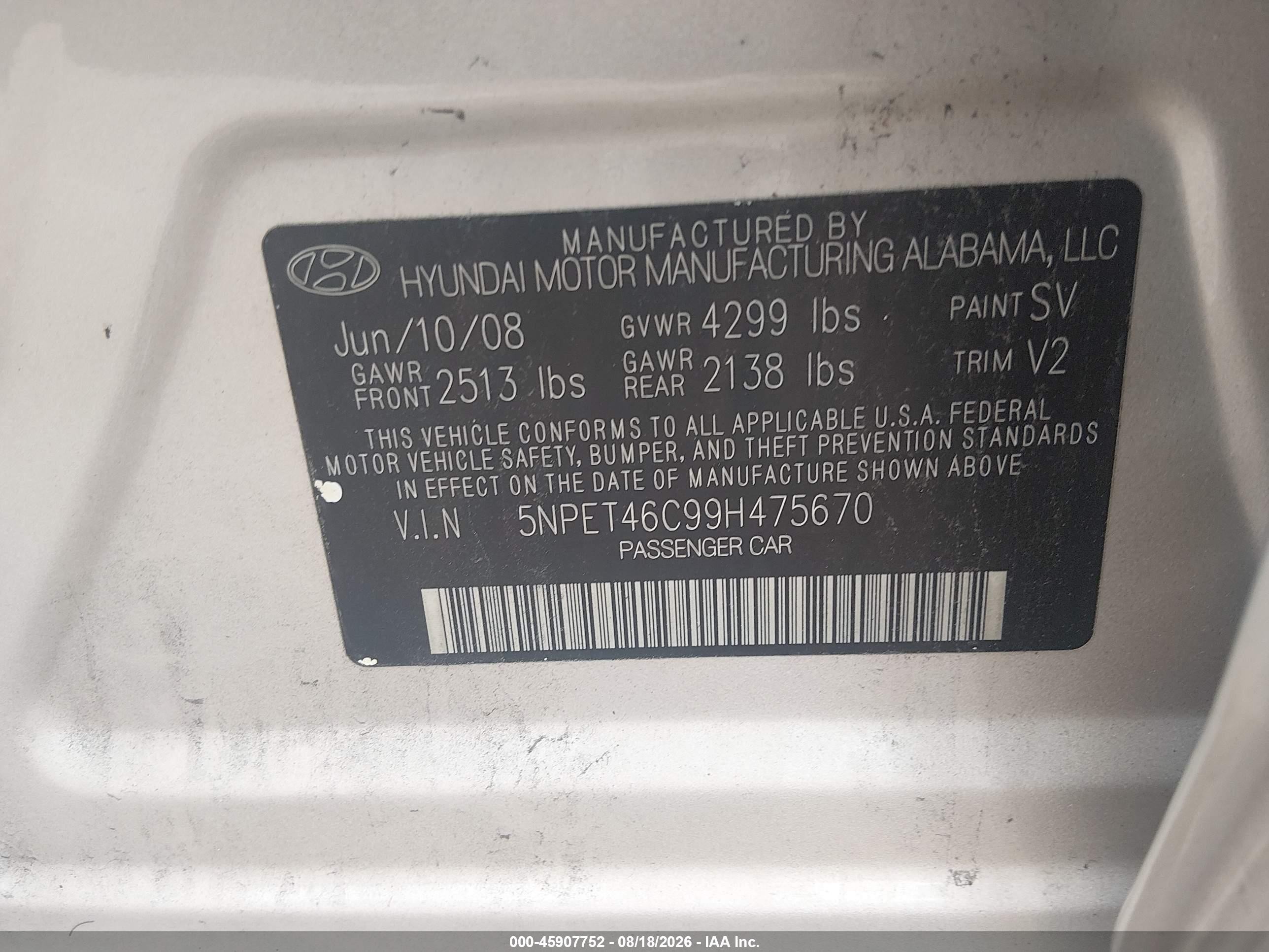 2009 Hyundai Sonata Gls Золотой vin: 5NPET46C99H475670