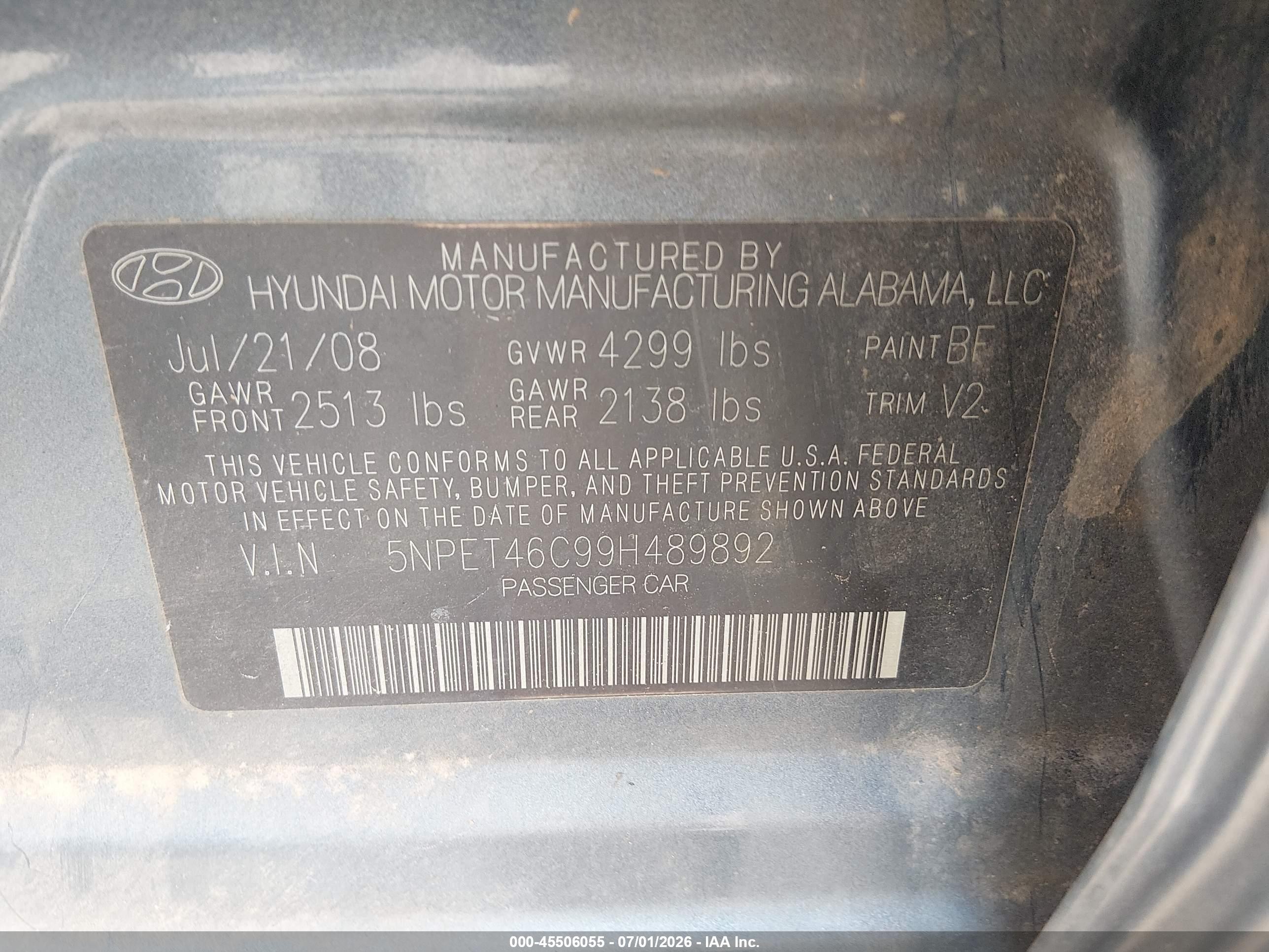 2009 Hyundai Sonata Gls Blue vin: 5NPET46C99H489892