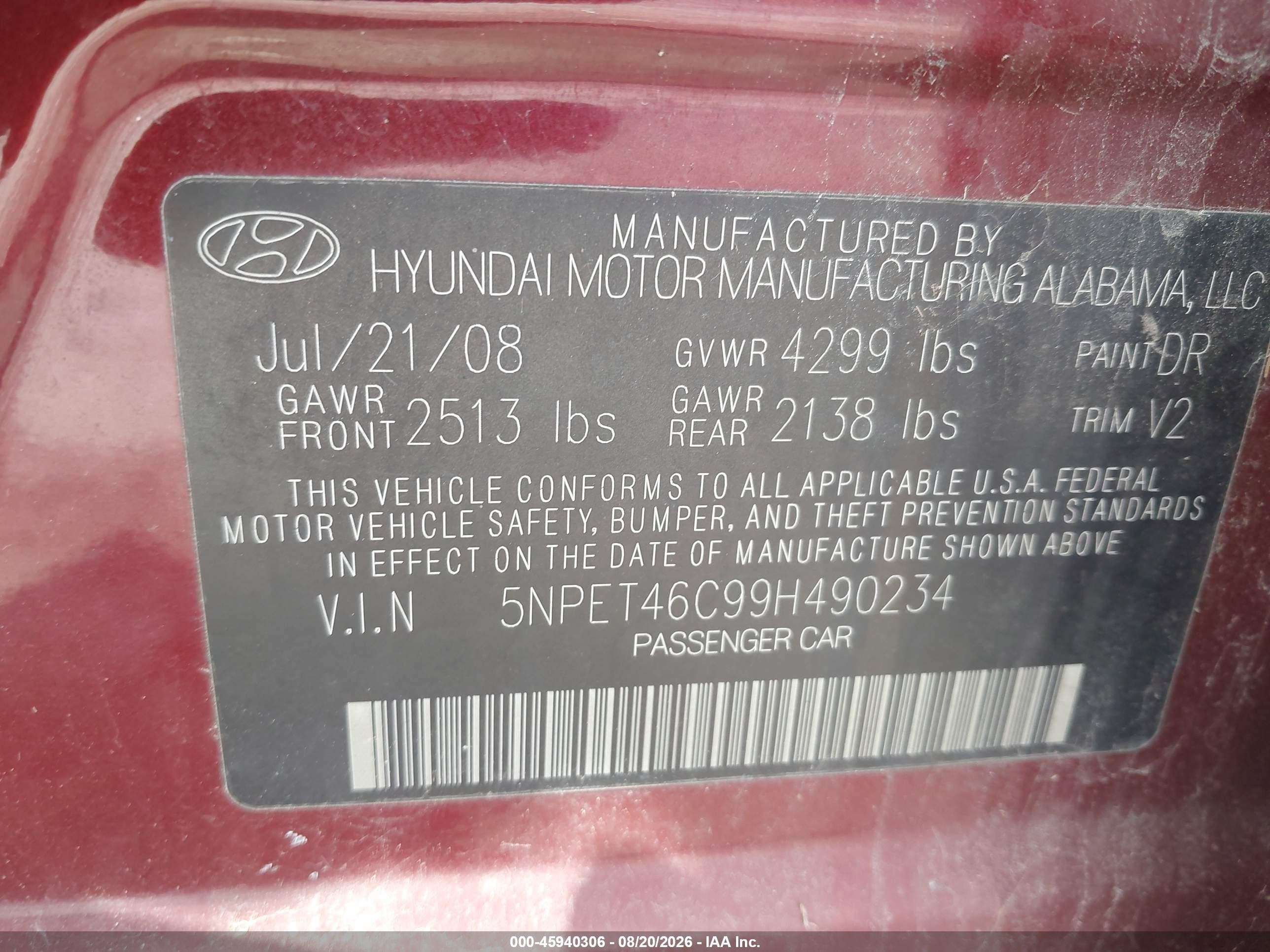 2009 Hyundai Sonata Gls Burgundy vin: 5NPET46C99H490234