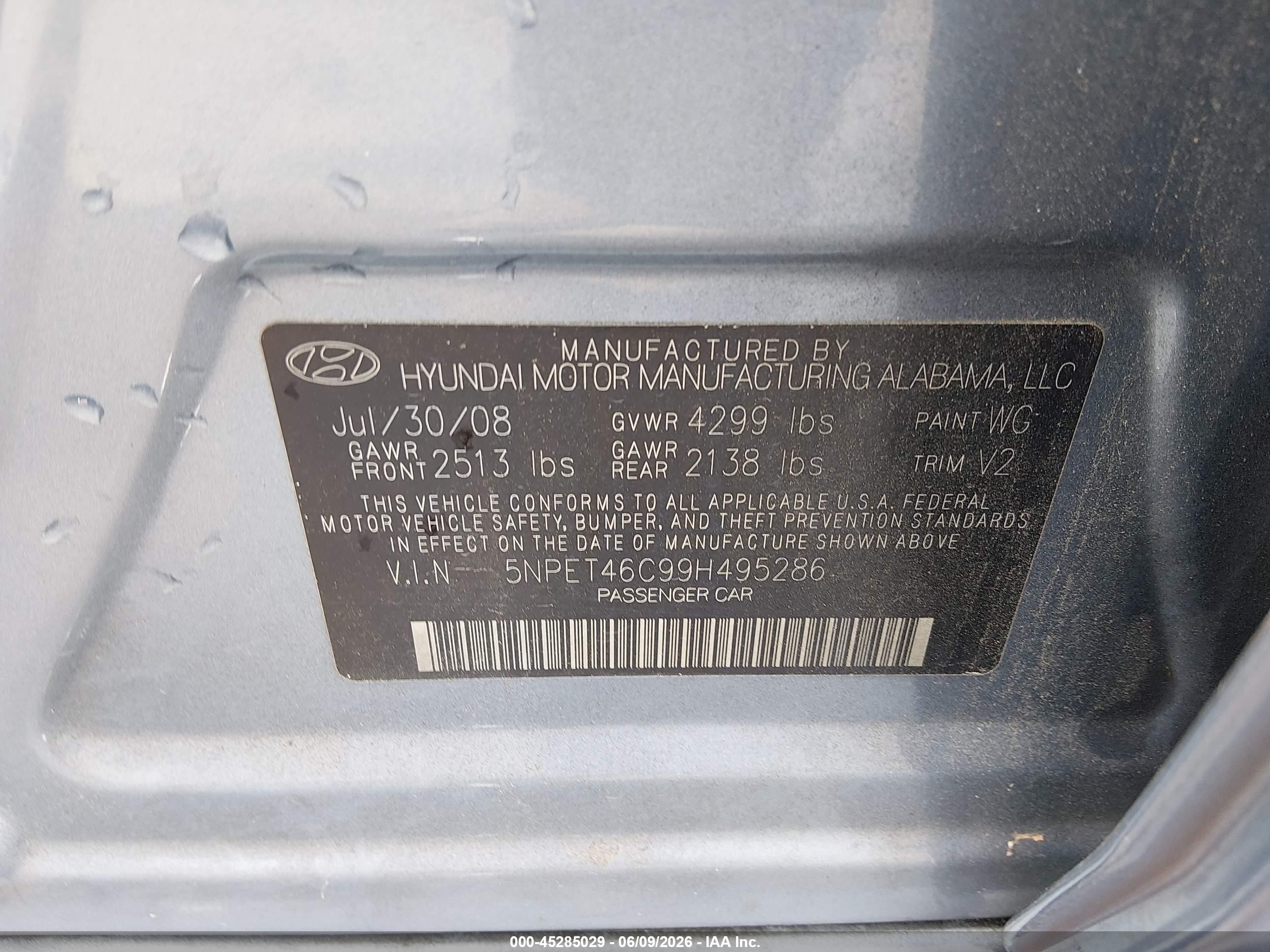 2009 Hyundai Sonata Gls Light Blue vin: 5NPET46C99H495286