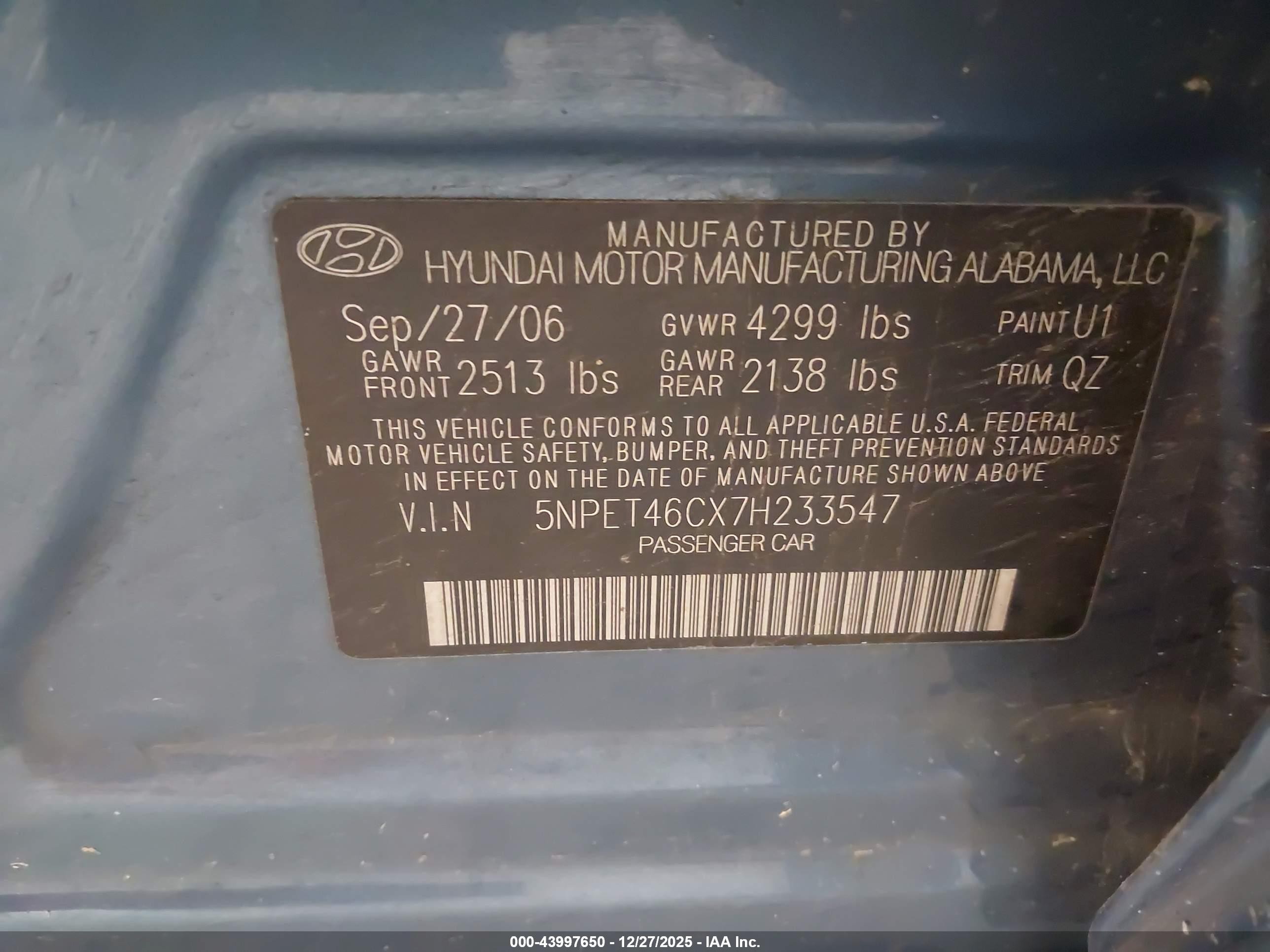 2007 Hyundai Sonata Gls Blue vin: 5NPET46CX7H233547