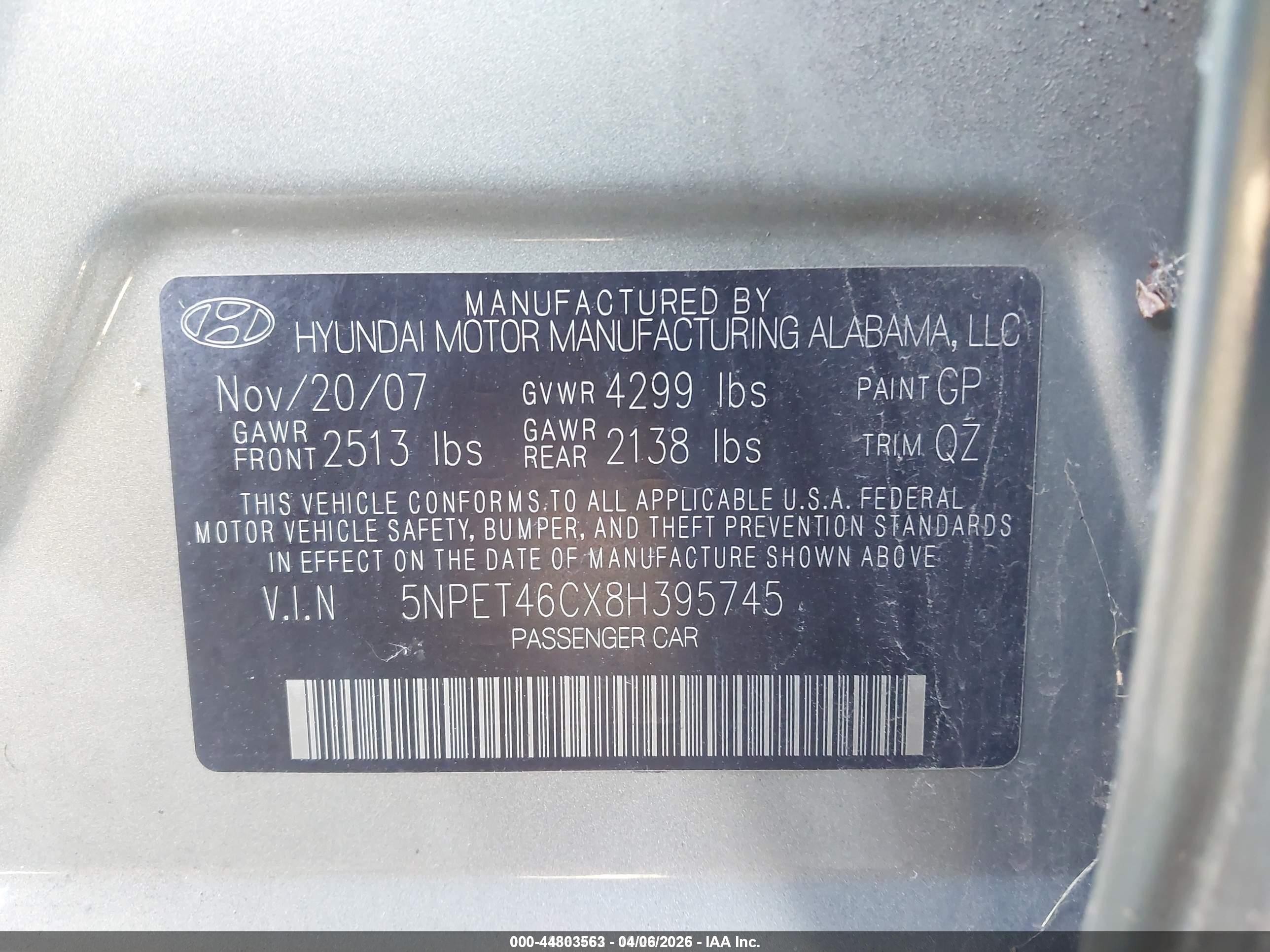 2008 Hyundai Sonata Gls Green vin: 5NPET46CX8H395745