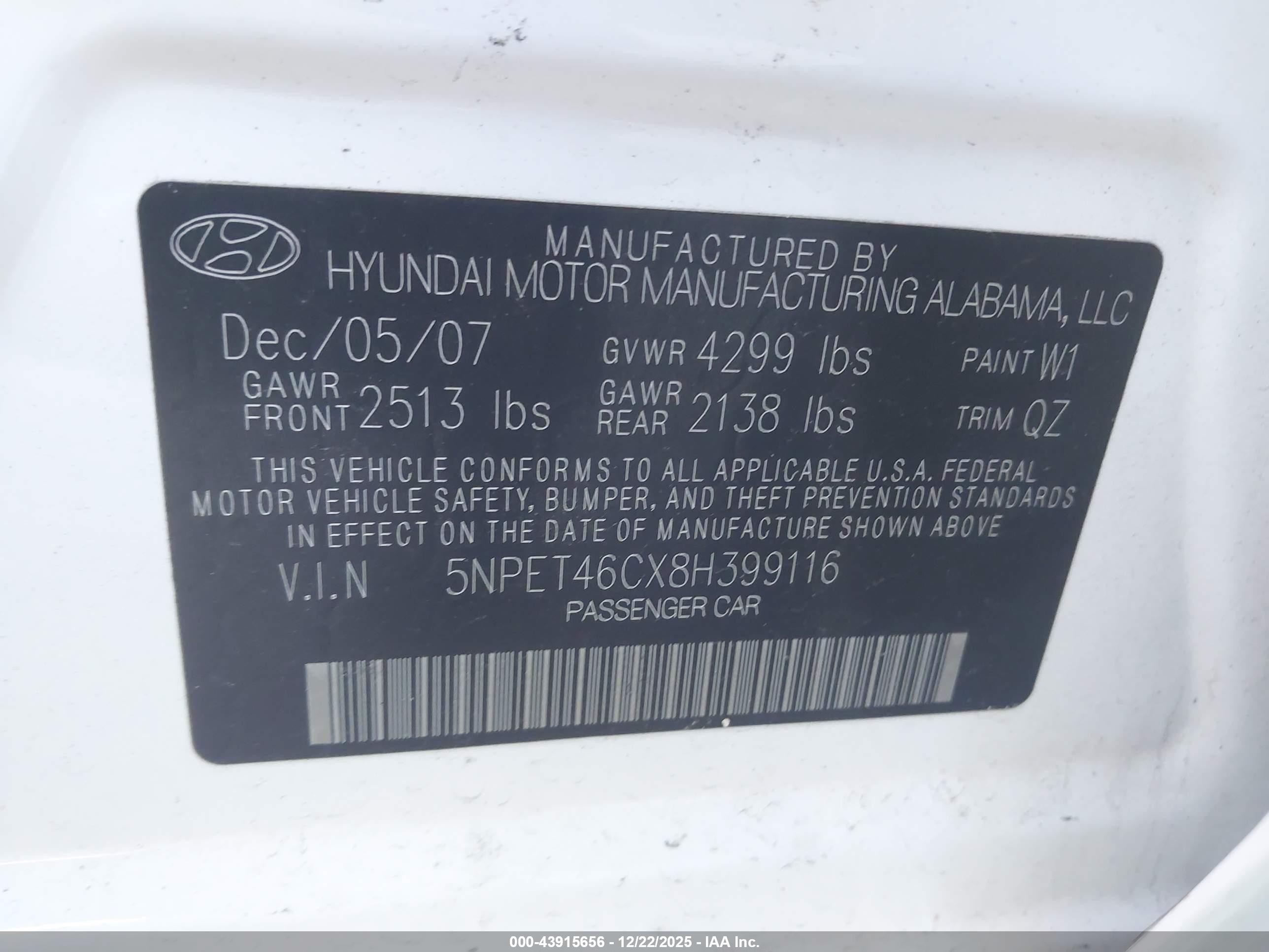 2008 Hyundai Sonata Gls White vin: 5NPET46CX8H399116