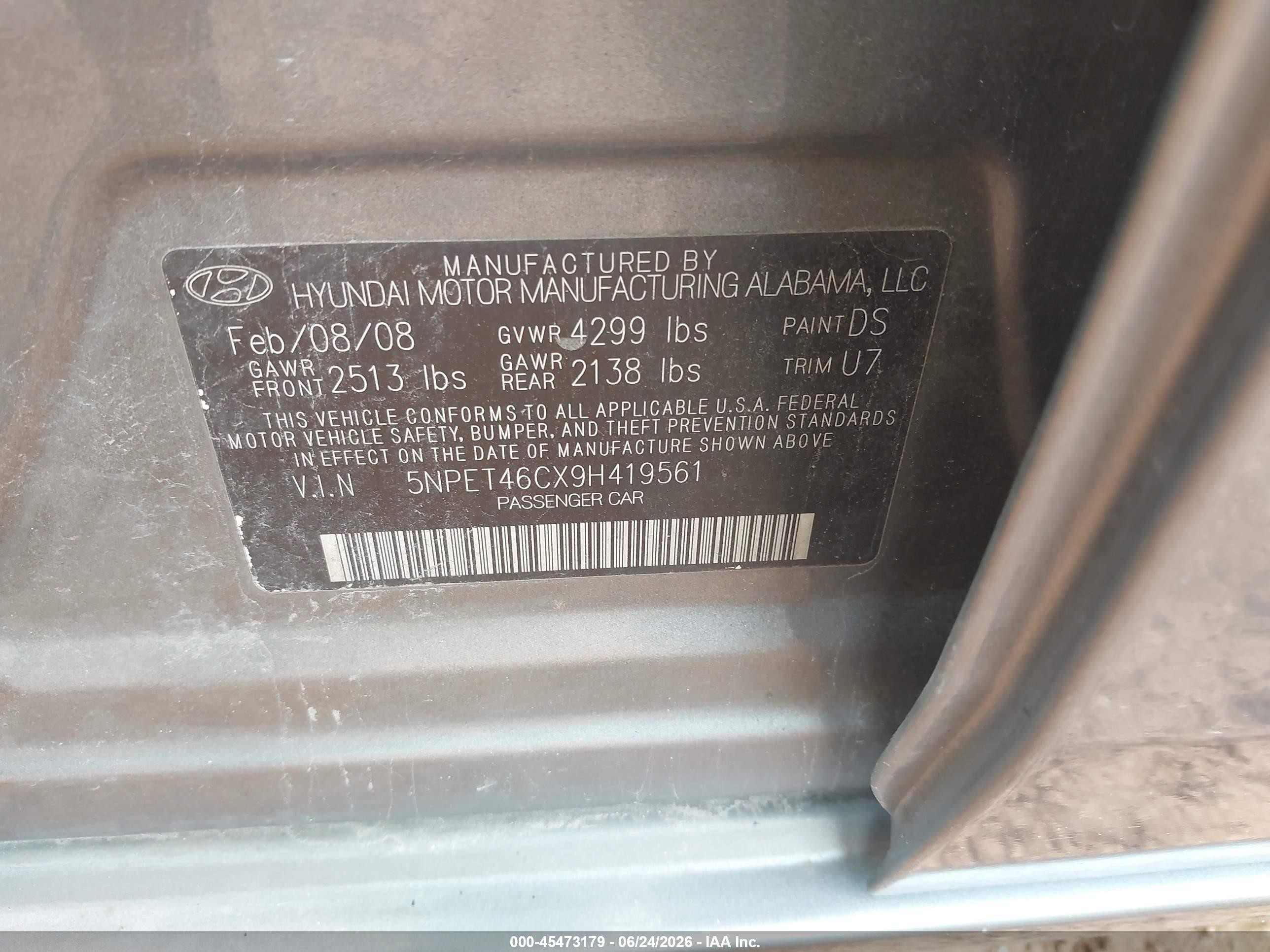 2009 Hyundai Sonata Gls Gray vin: 5NPET46CX9H419561