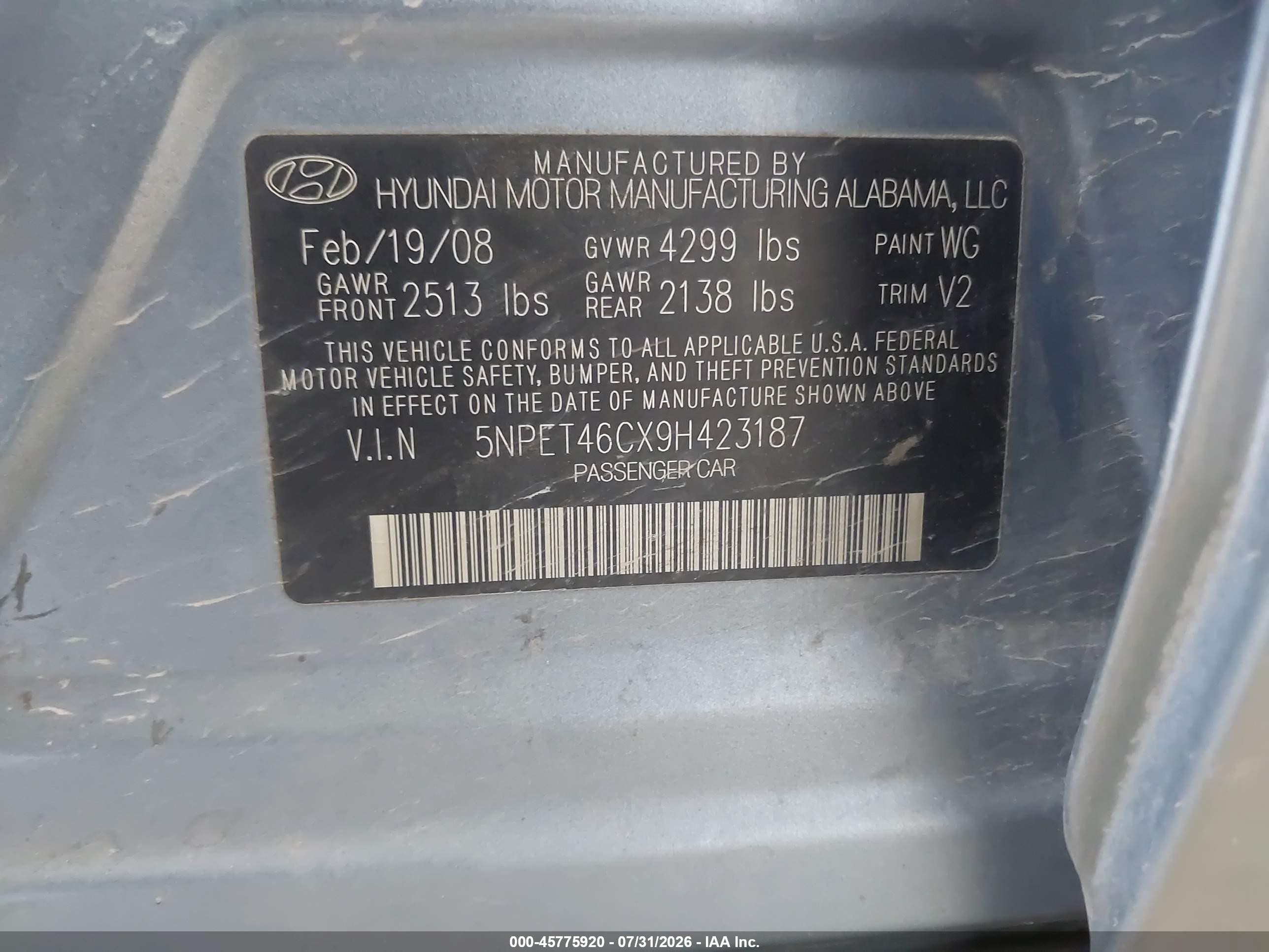 2009 Hyundai Sonata Gls Light Blue vin: 5NPET46CX9H423187