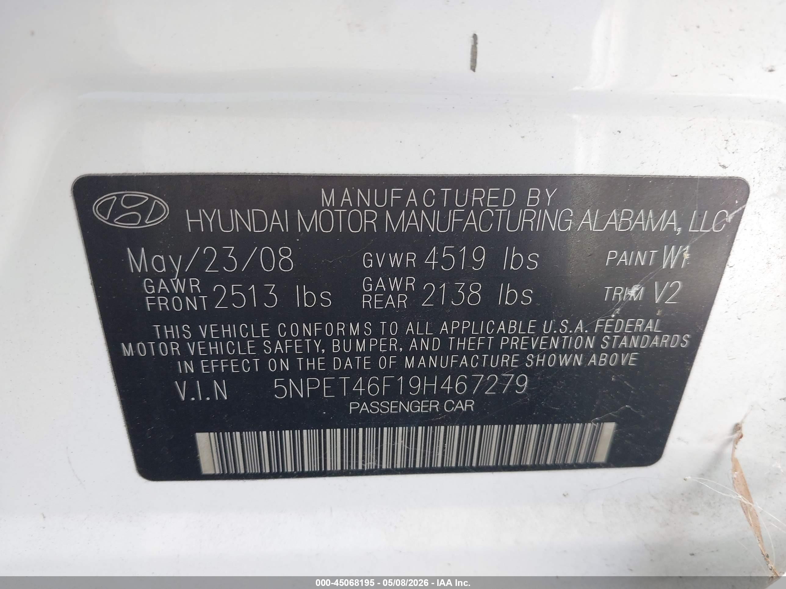 2009 Hyundai Sonata Gls V6 White vin: 5NPET46F19H467279