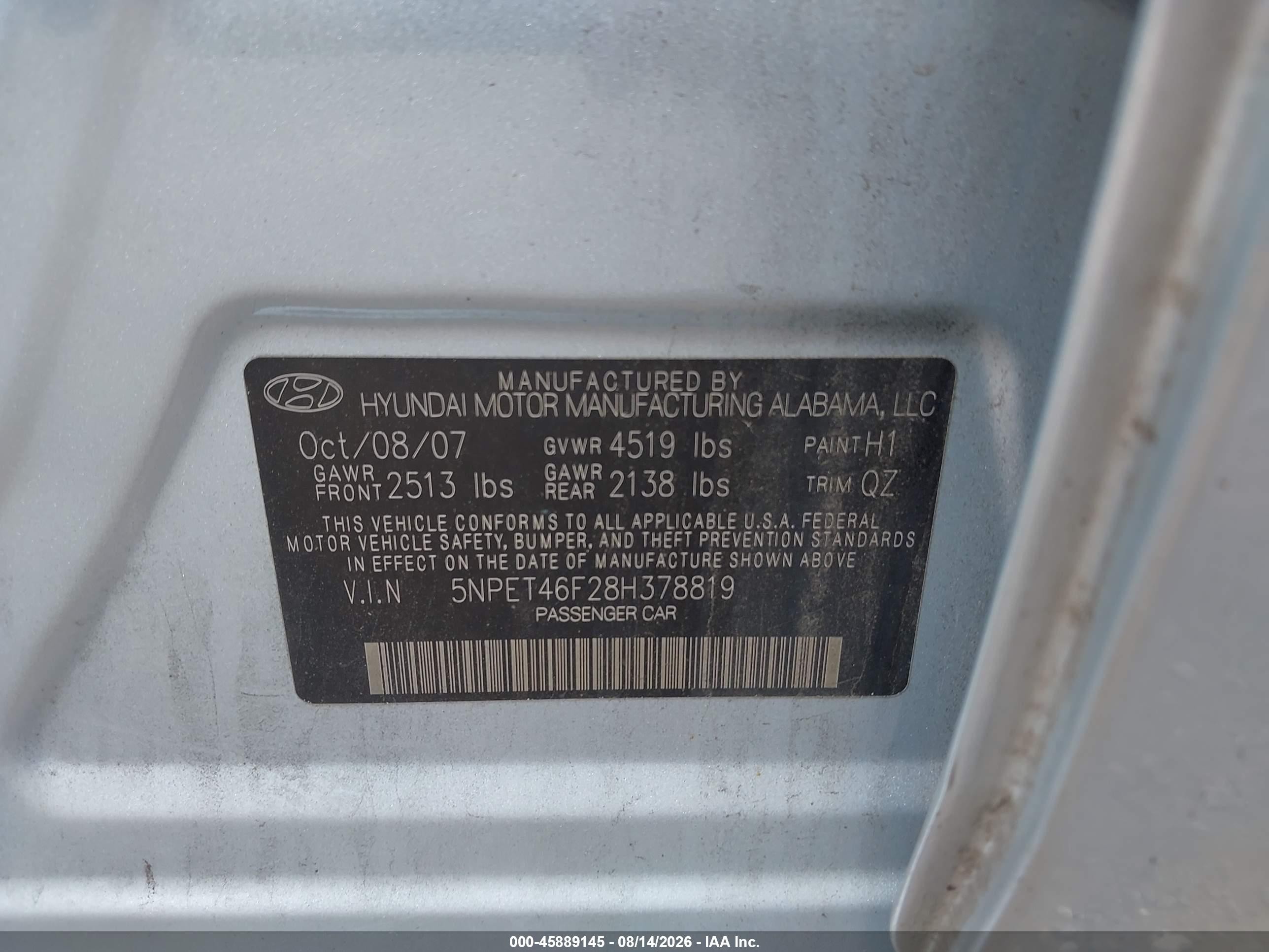 2008 Hyundai Sonata Gls V6 Light Blue vin: 5NPET46F28H378819