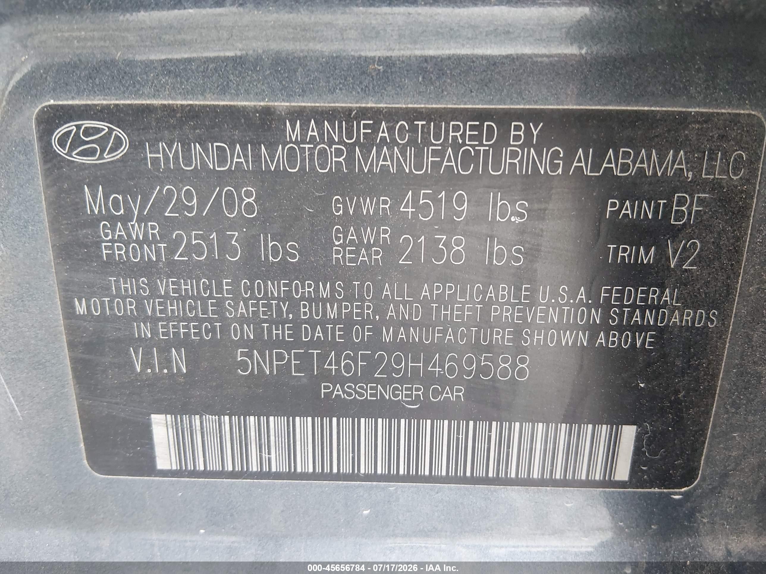 2009 Hyundai Sonata Gls V6 Blue vin: 5NPET46F29H469588