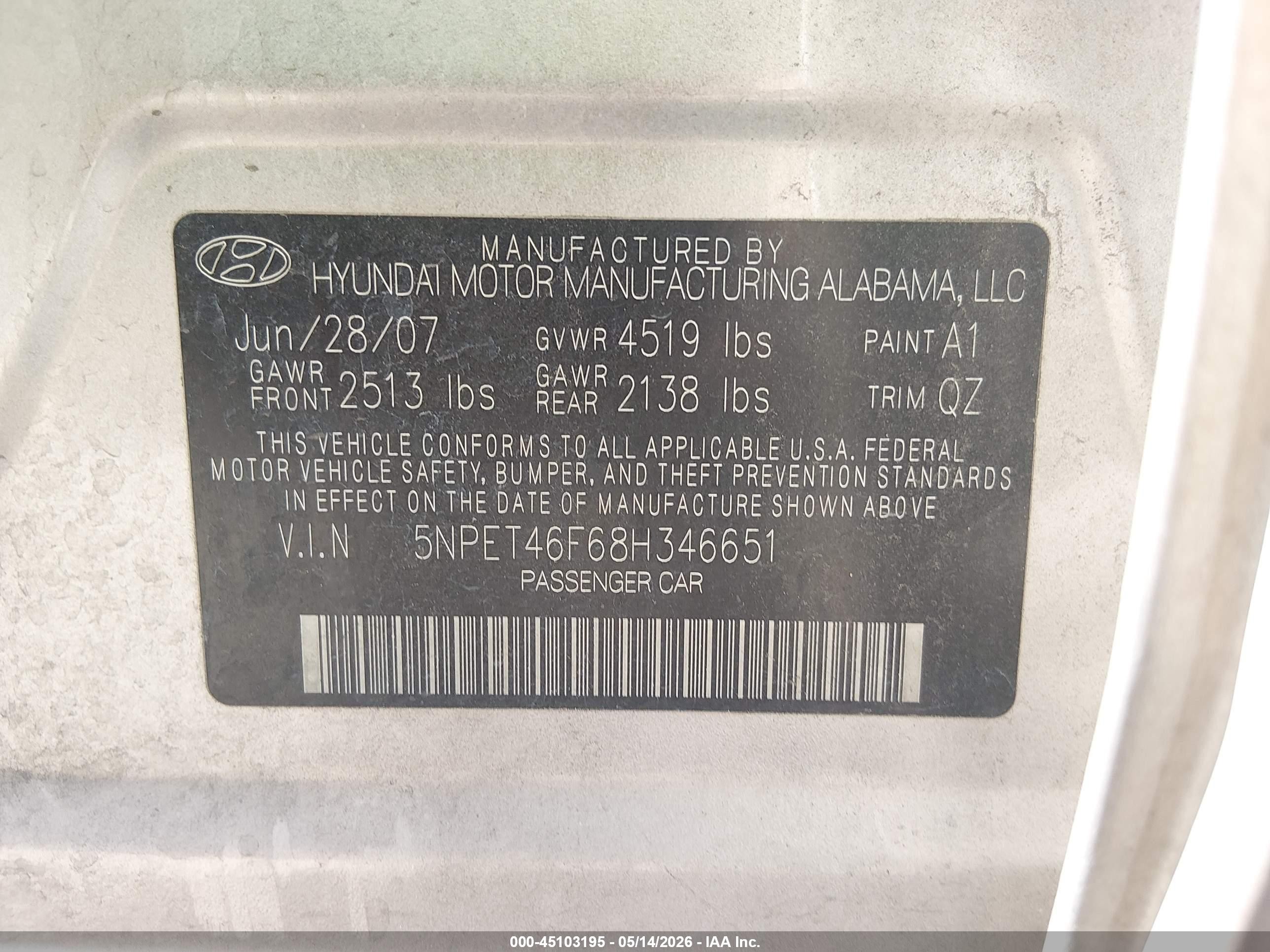 2008 Hyundai Sonata Gls V6 Tan vin: 5NPET46F68H346651