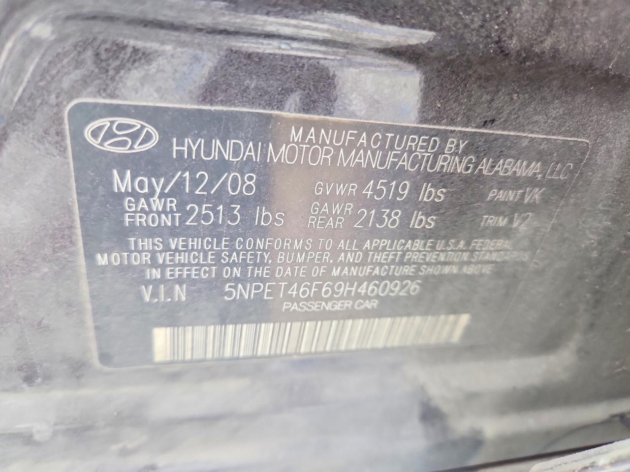 2009 Hyundai Sonata Gls V6 Charcoal vin: 5NPET46F69H460926