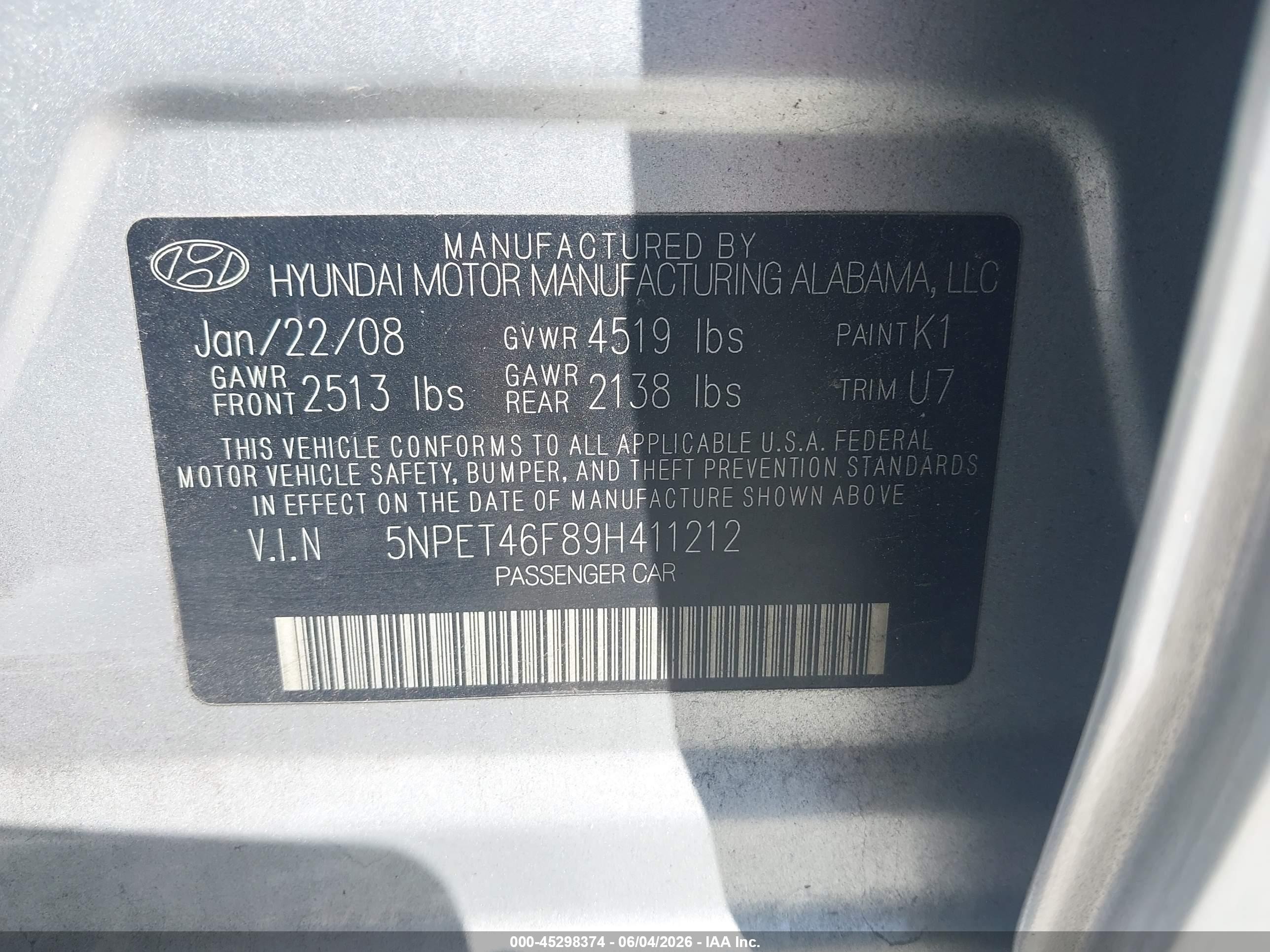 2009 Hyundai Sonata Gls V6 Silver vin: 5NPET46F89H411212