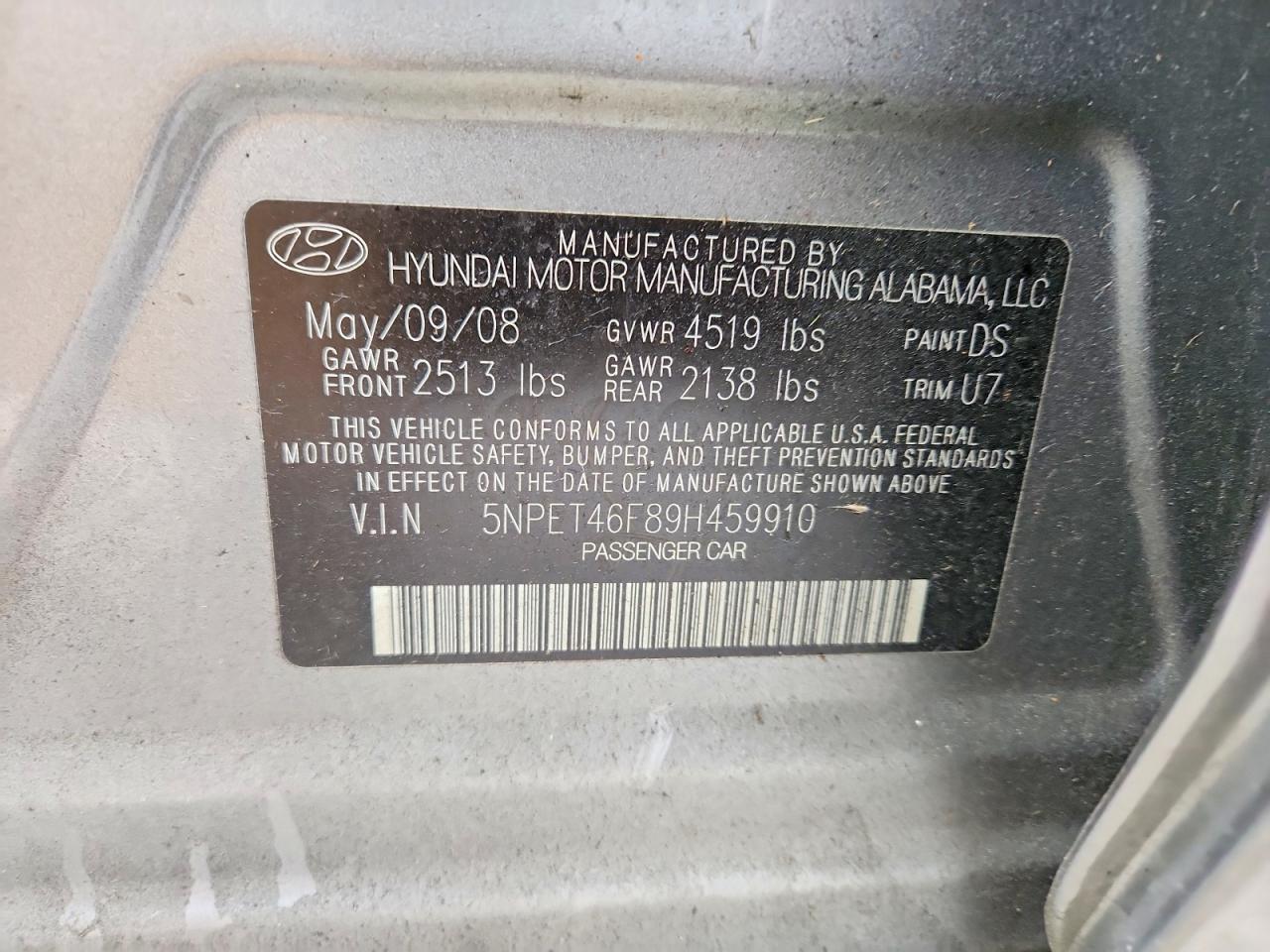 2009 Hyundai Sonata Gls V6 Серый vin: 5NPET46F89H459910