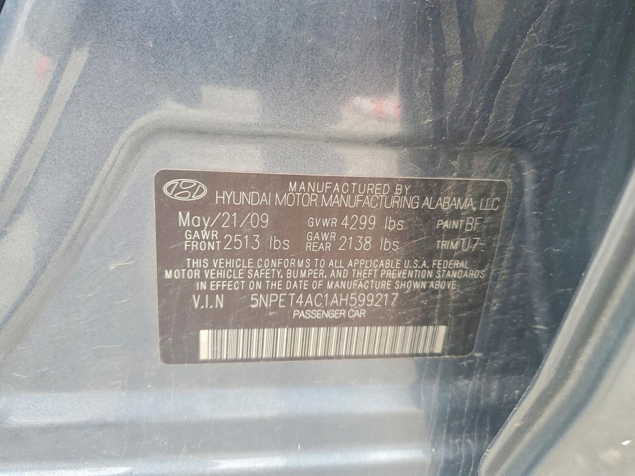 2010 Hyundai Sonata Gl Charcoal vin: 5NPET4AC1AH599217