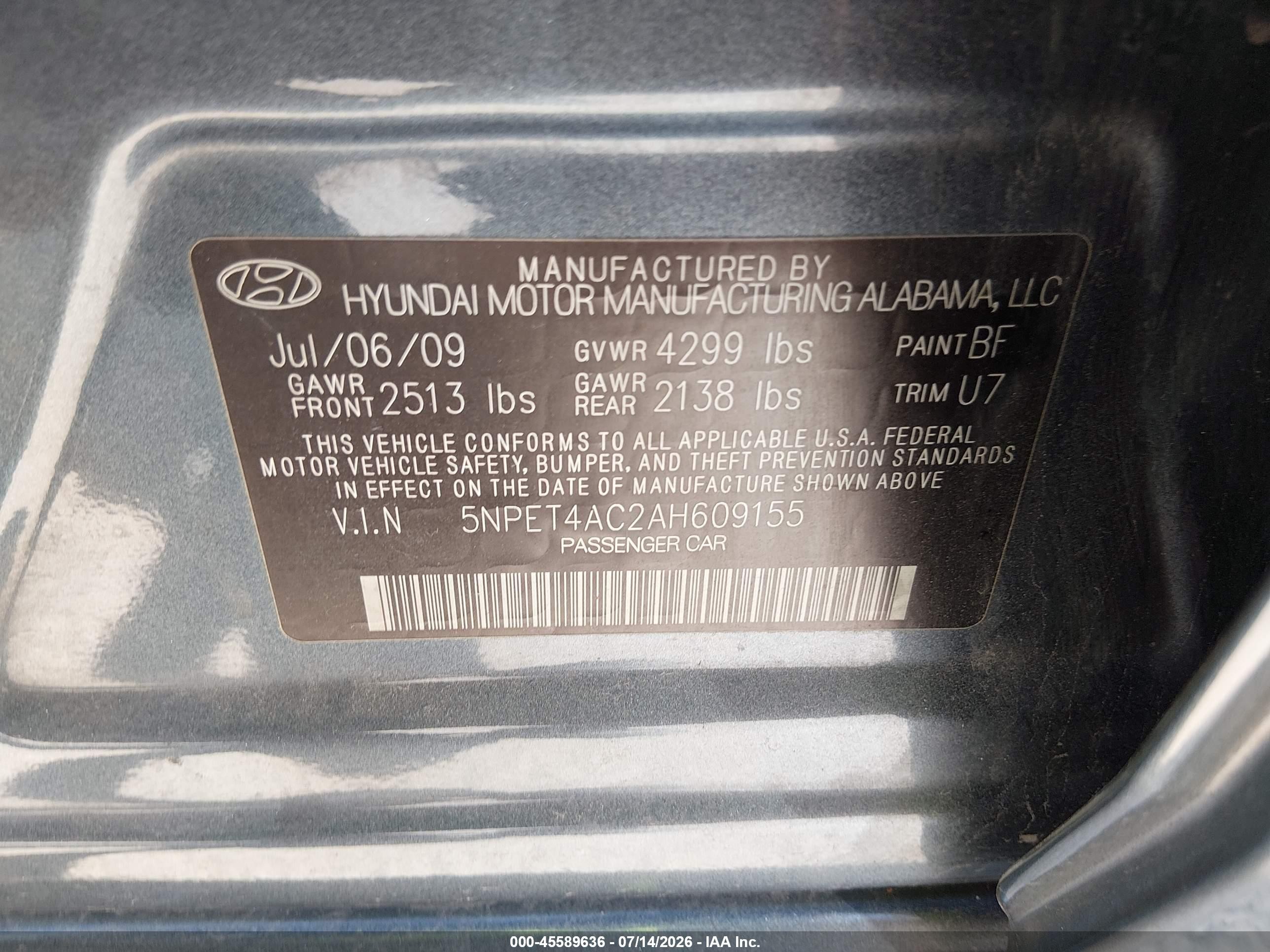 2010 Hyundai Sonata Gls Light Blue vin: 5NPET4AC2AH609155