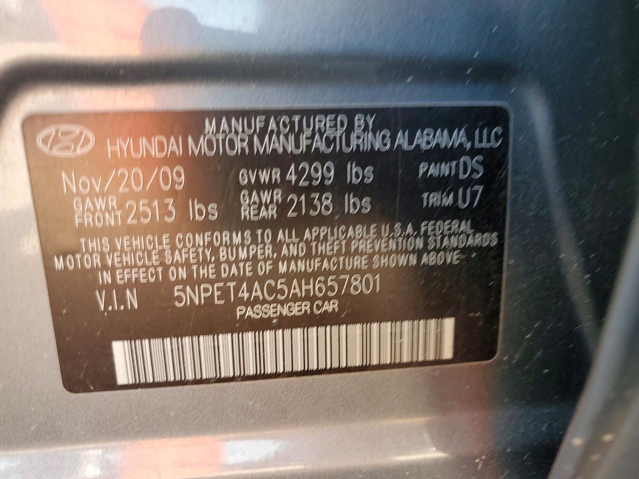 2010 Hyundai Sonata Gls Charcoal vin: 5NPET4AC5AH657801