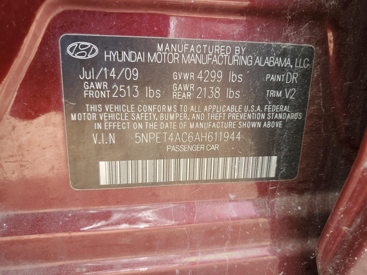 2010 Hyundai Sonata Gls Burgundy vin: 5NPET4AC6AH611944