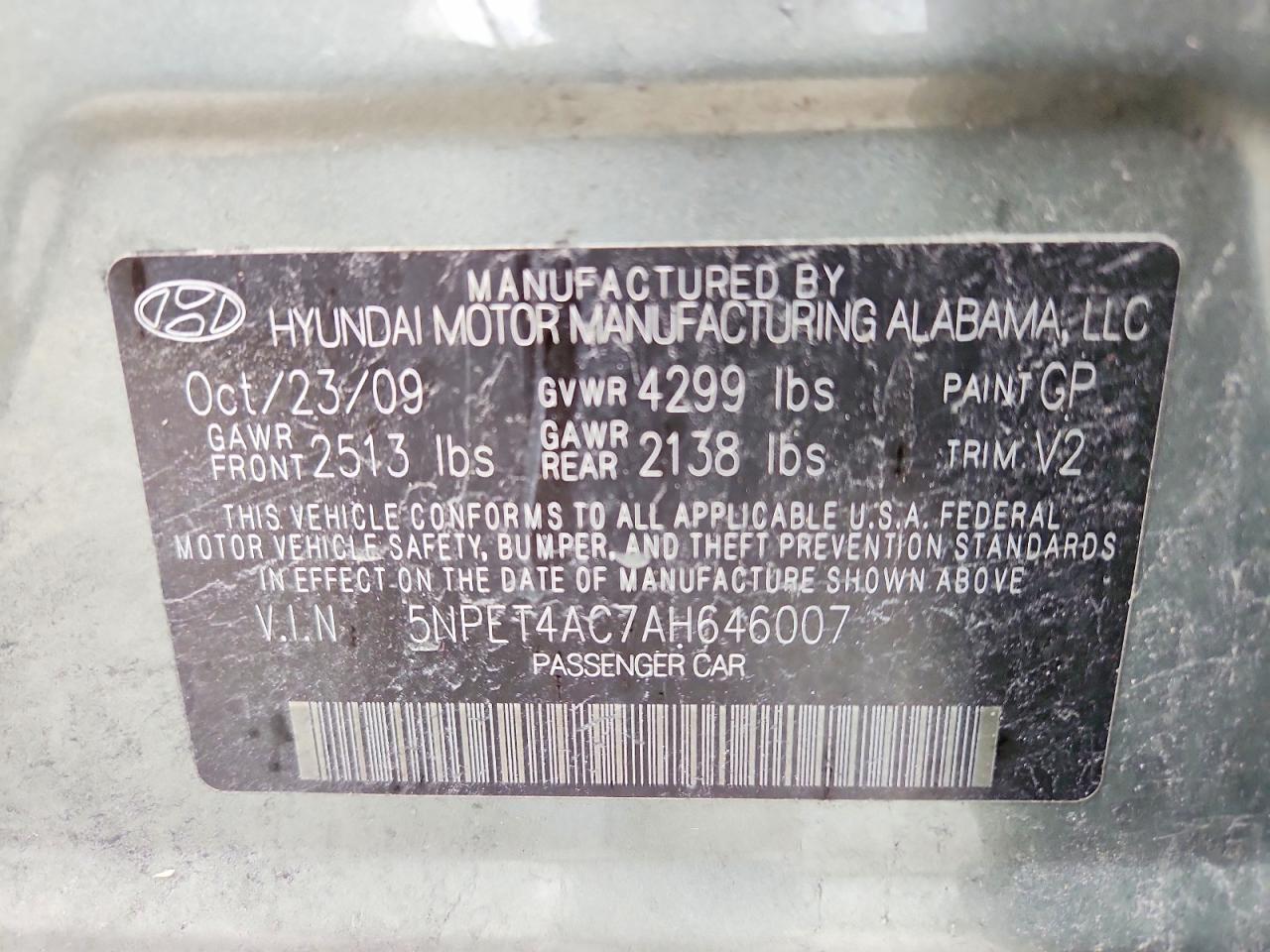 2010 Hyundai Sonata Gls Green vin: 5NPET4AC7AH646007