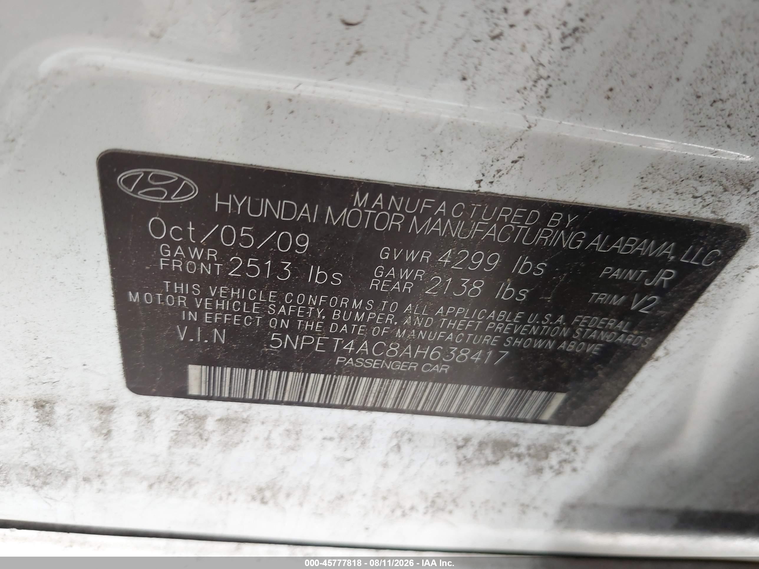 2010 Hyundai Sonata Gls White vin: 5NPET4AC8AH638417