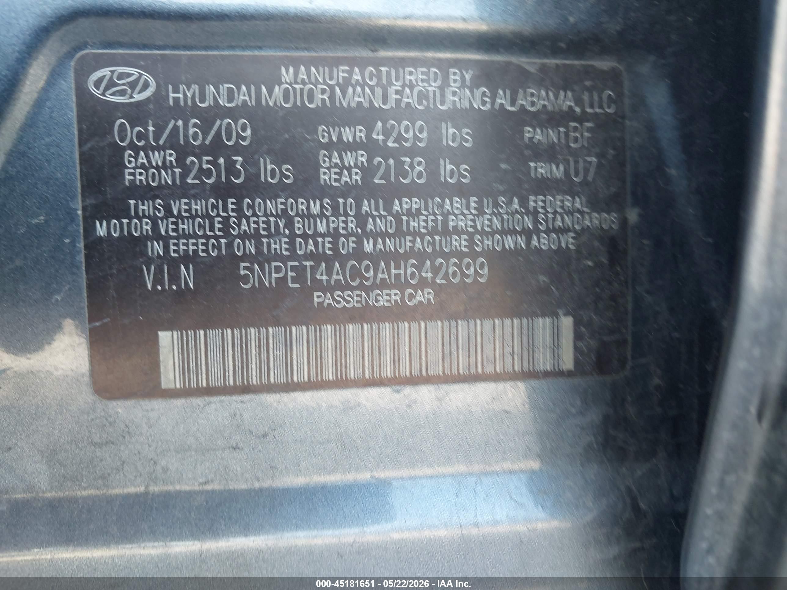 2010 Hyundai Sonata Gls Blue vin: 5NPET4AC9AH642699